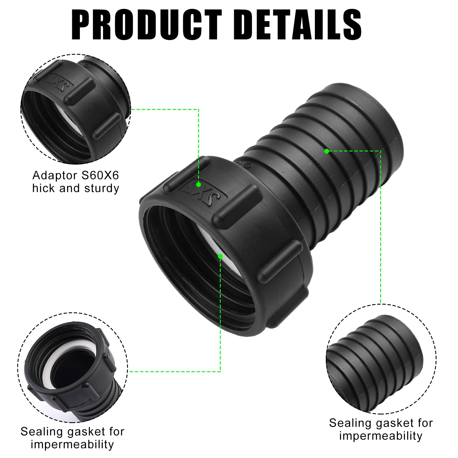 Adaptador IBC S60x6 (60 Mm) - Pack De 2 Unidades, Rosca Hembra A Boquilla 50 Mm, Con Abrazaderas De Acero Inoxidable Y Juntas De PVC