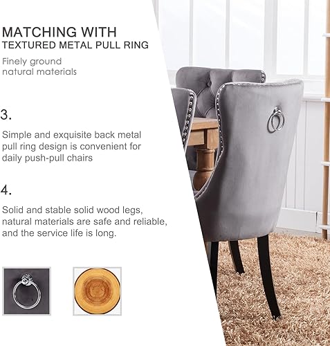 Miniatura 4 de Juego de 4 sillas de comedor de terciopelo, sillas de comedor copetudas con respaldo de botón, ribete de cabeza de clavo, sillas de comedor