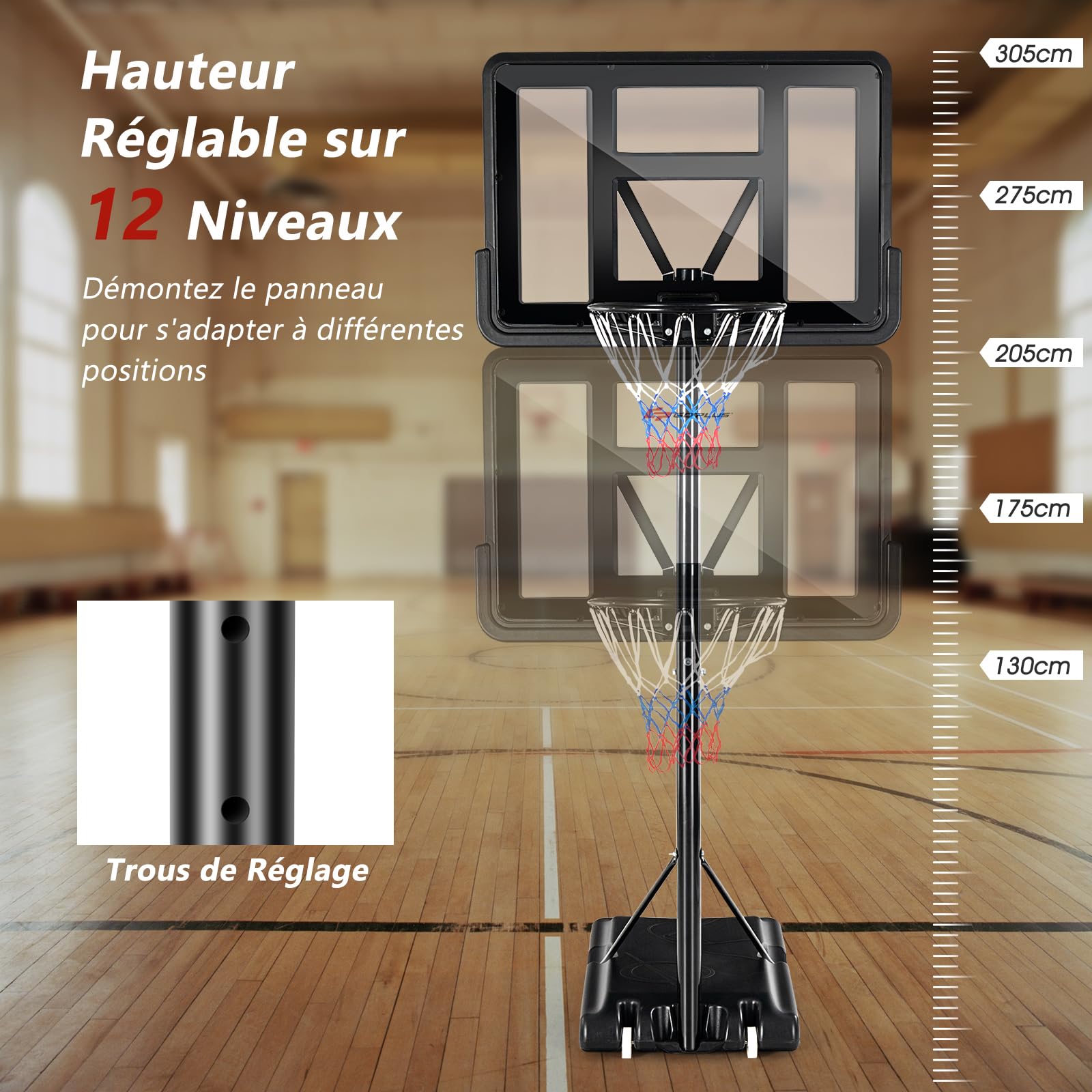 GYMAX Panier Basket Extérieur pour Enfants Adultes, Hauteur Réglable 130-305CM, Mobile Portable avec Roues, Base Stable Remplissable, Panneau Anti-bris
