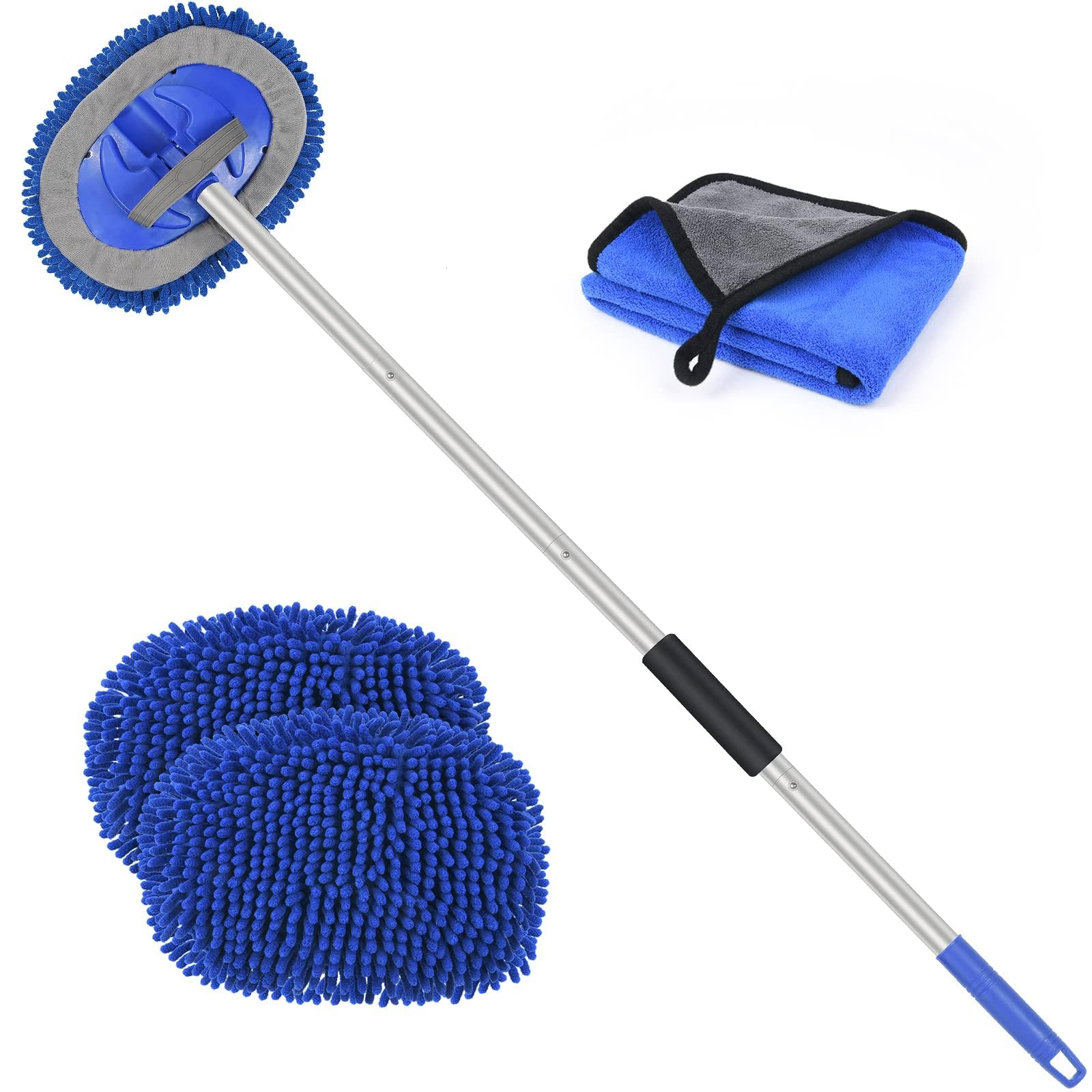 URAQT Car Wash Brush, 63'' Aluminum Long Handle Car Cleaning Brush, 180°Rotation Multifunction Caravan Wash Mop Kit, Car Wash Tool with 2 Chenille Replacement Head and 1 Microfibre Cleaning Cloths