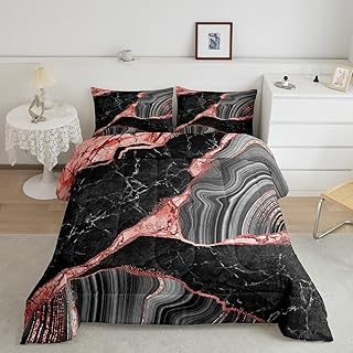 Black Grey Marble Comforter Set Full, Pink Red Marbling Crack Print Bedding For Girls, Abstract Metallic Texture Bedding Comforter Sets, Gray Luxury Shinny Room Decor Boho Hippie Fluid Quilt