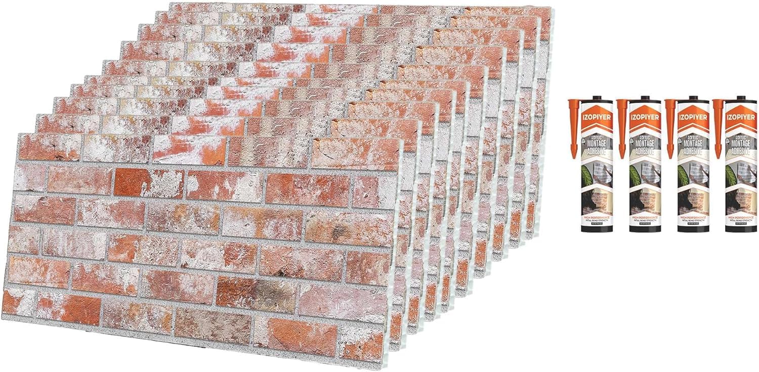 IZODEKOR Pannelli Murali 3D Effetto Pietra in Polistirolo - Ideali per cucina, bagno, balcone, camera da letto, soggiorno e terrazza | Stone House (10x pannelli + 4x adesivi di montaggio)