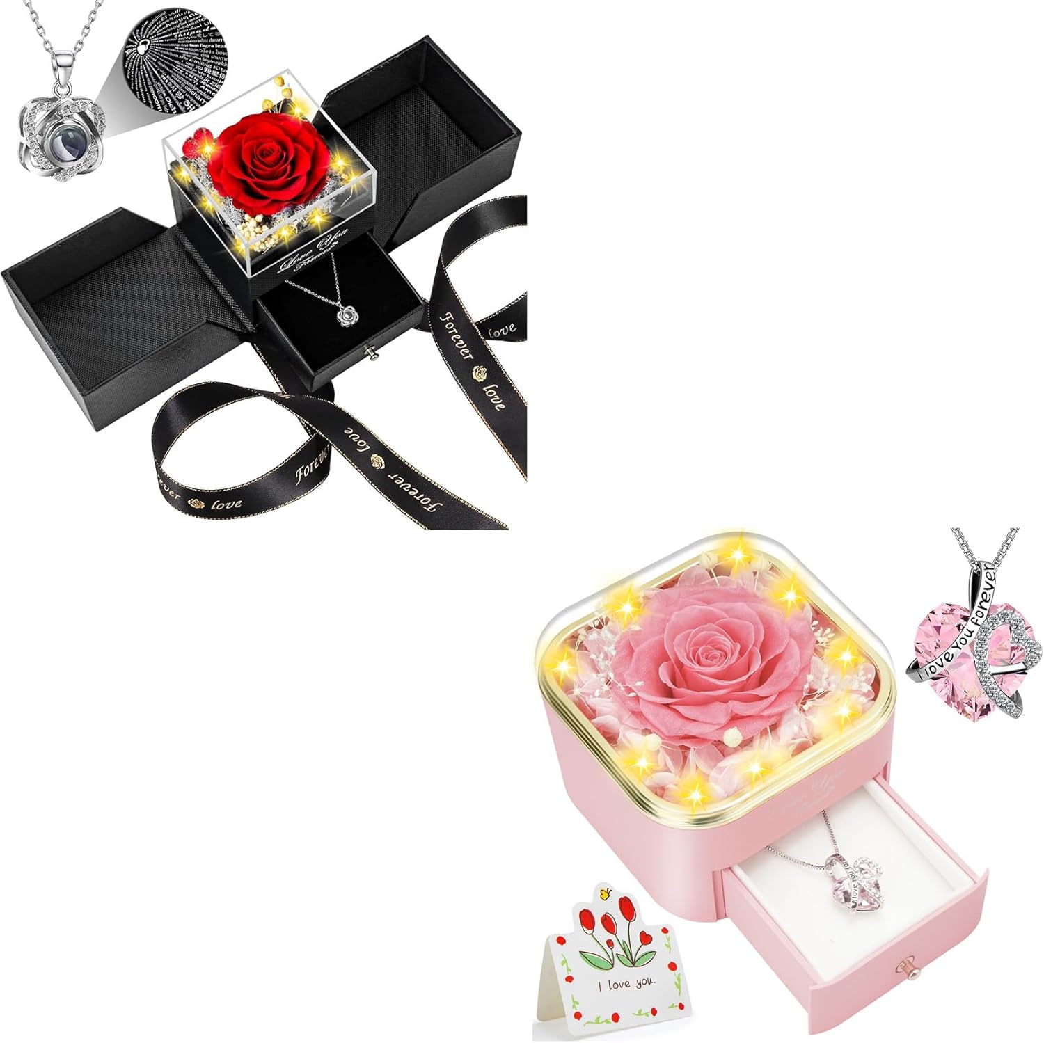 Preserved Real Rose with Heart I Love You Necklace -Eternal Flowers Rose Birthday Gifts for Women Her Mom Wife Girlfriend Grandma