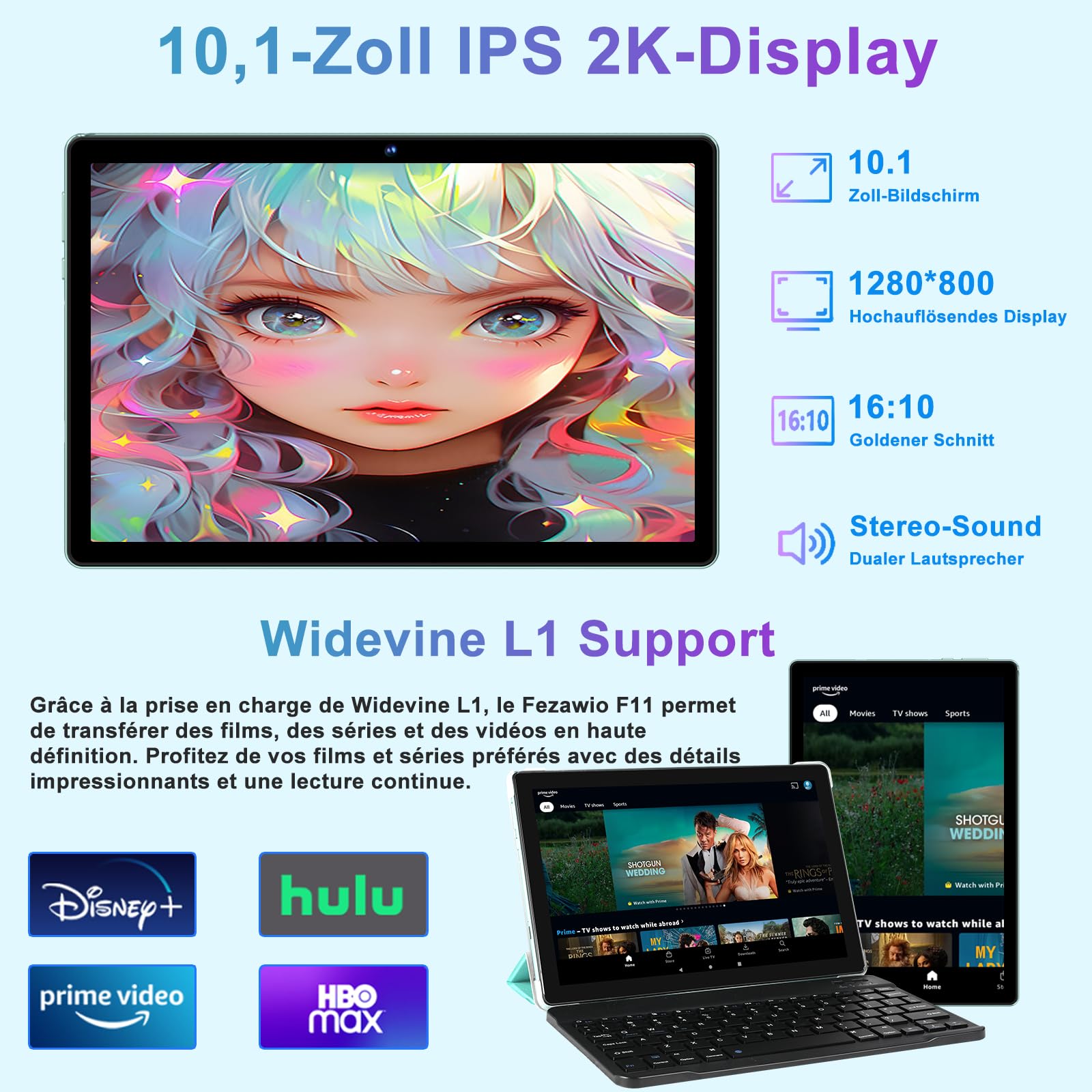 fezawio 2026 Tablet Android 15 10 Zoll,Tablets 22GB+128GB+2 TB TF,Octa Core,5G + 2,4G,WiFi6,GMS, Bluetooth 5.0,8 MP + 5 MP,Typ C,Mit Hülle, Tastatur und Maus-Grün