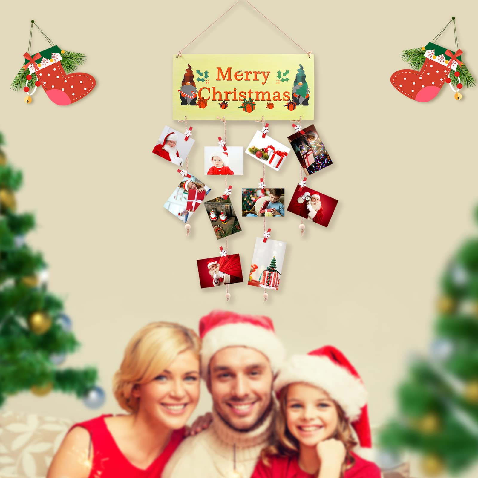Porta Biglietti Di Natale In Legno Rosso | Espositore Da Parete Con 30 Clip A Fiocco Di Neve - 6