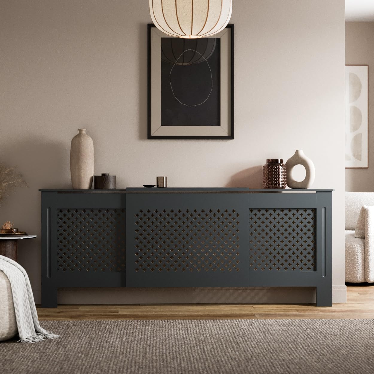 Radiant Living Radiator Cover Diamond Cross Pattern, Modern Anthracite Grey MDF Radiator Cabinet for Living Room & Bedroom, Adjustable