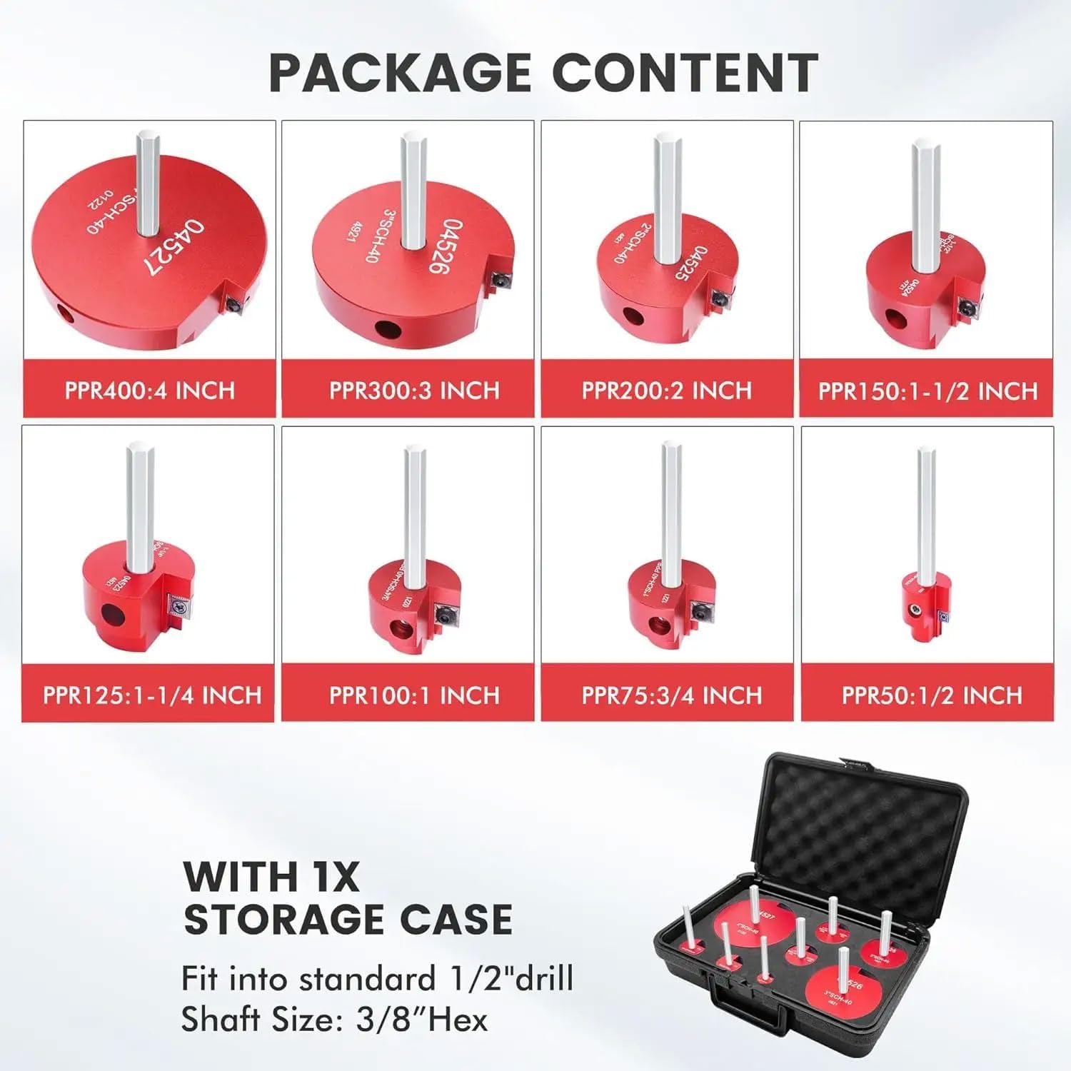 8 Piece PVC Pipe Reamer, DIY Tuning Plastic Set, Fit Into Standard 1/2" Drills, Water Pipe Joint Tool Include 0.5/0.75/1/1.25/1.5/2/3/4 Inches, for PVC, ABS, CPVC