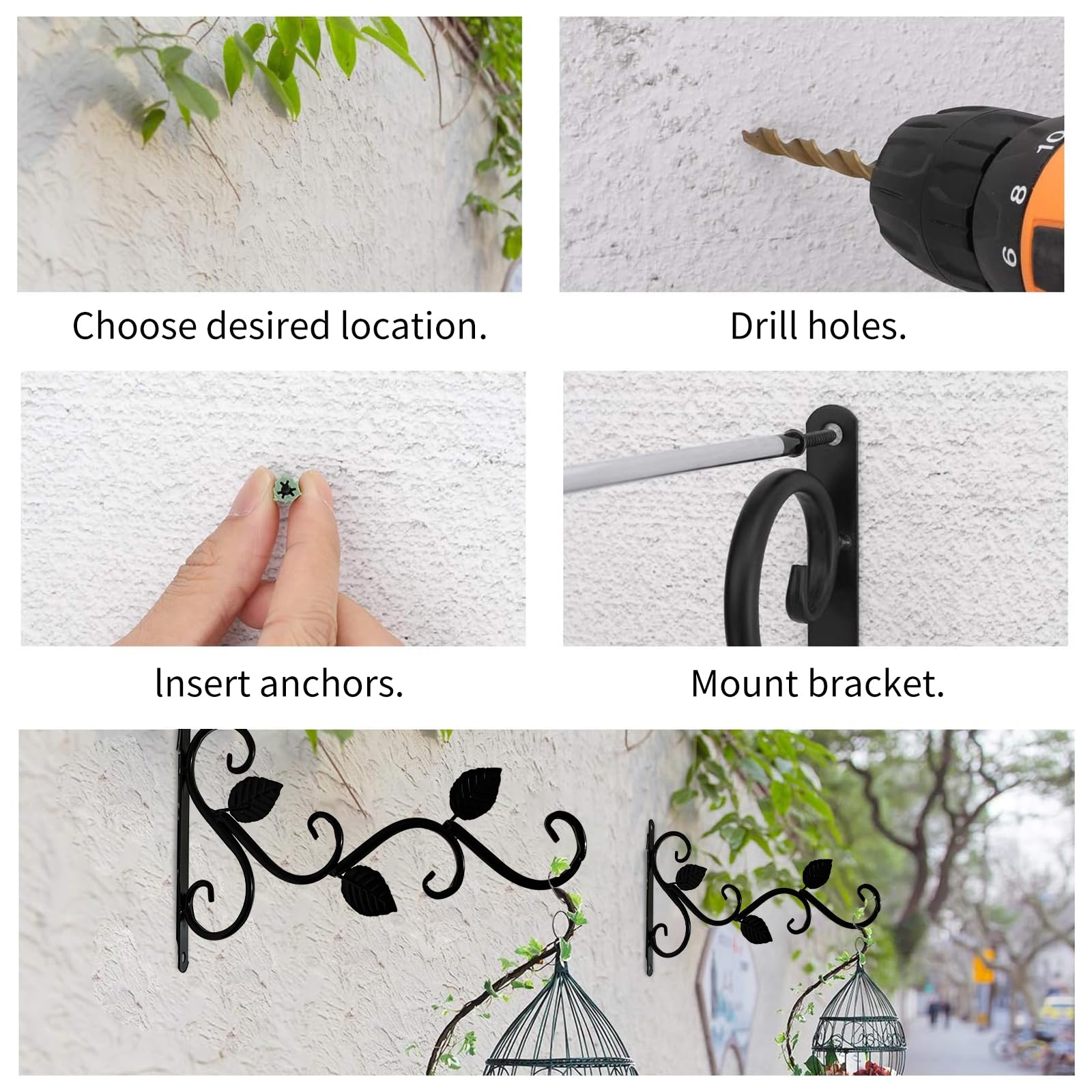 Lot De 2 Crochets Muraux En Fer Forgé 30,5 Cm Noir - Supports Panier Plantes, Lanternes, Carillons Éoliens Intérieur Extérieur