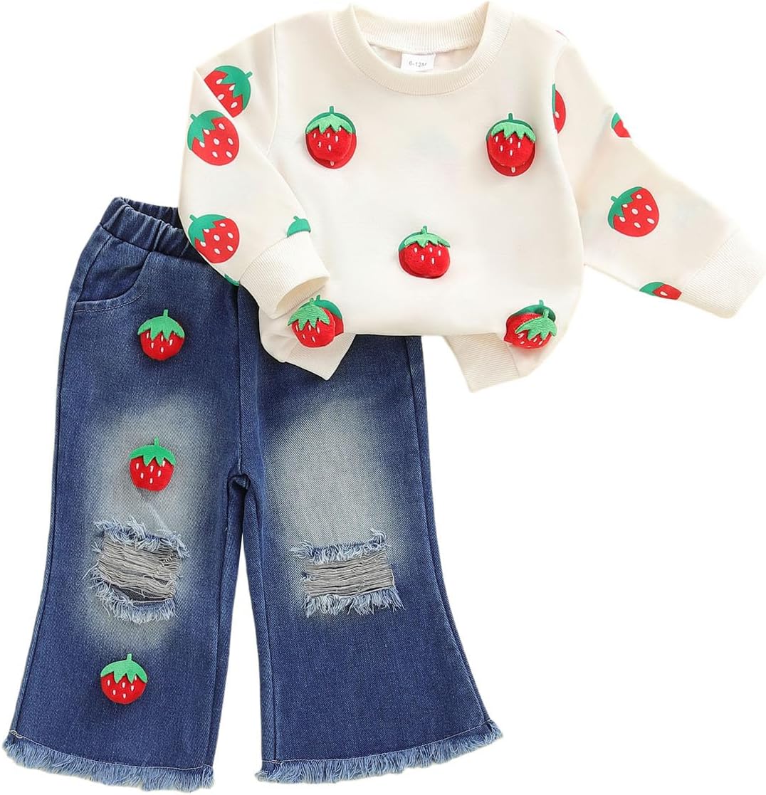 Userdefined Toddler Baby Girl Clothes Fall Long Sleeve Embroidered Sweatshirt Bell Bottom Jeans Pants Set Spring Outfit