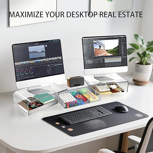 Miniatura 2 de OPNICE Organizadores y accesorios de escritorio de acrílico transparente, soporte para monitor doble con cajón, estante de escritorio para