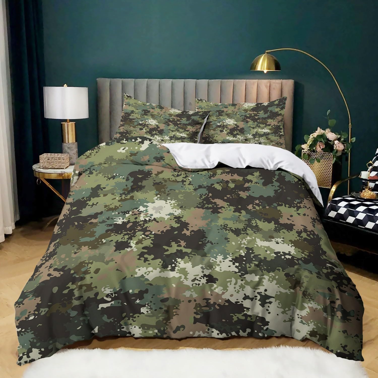 Biancheria da letto verde, 155 x 220 cm, per bambini, ragazzi e adolescenti, per letto singolo, stampa mimetica 01, copripiumino con chiusura lampo e federa 80 x 80 cm