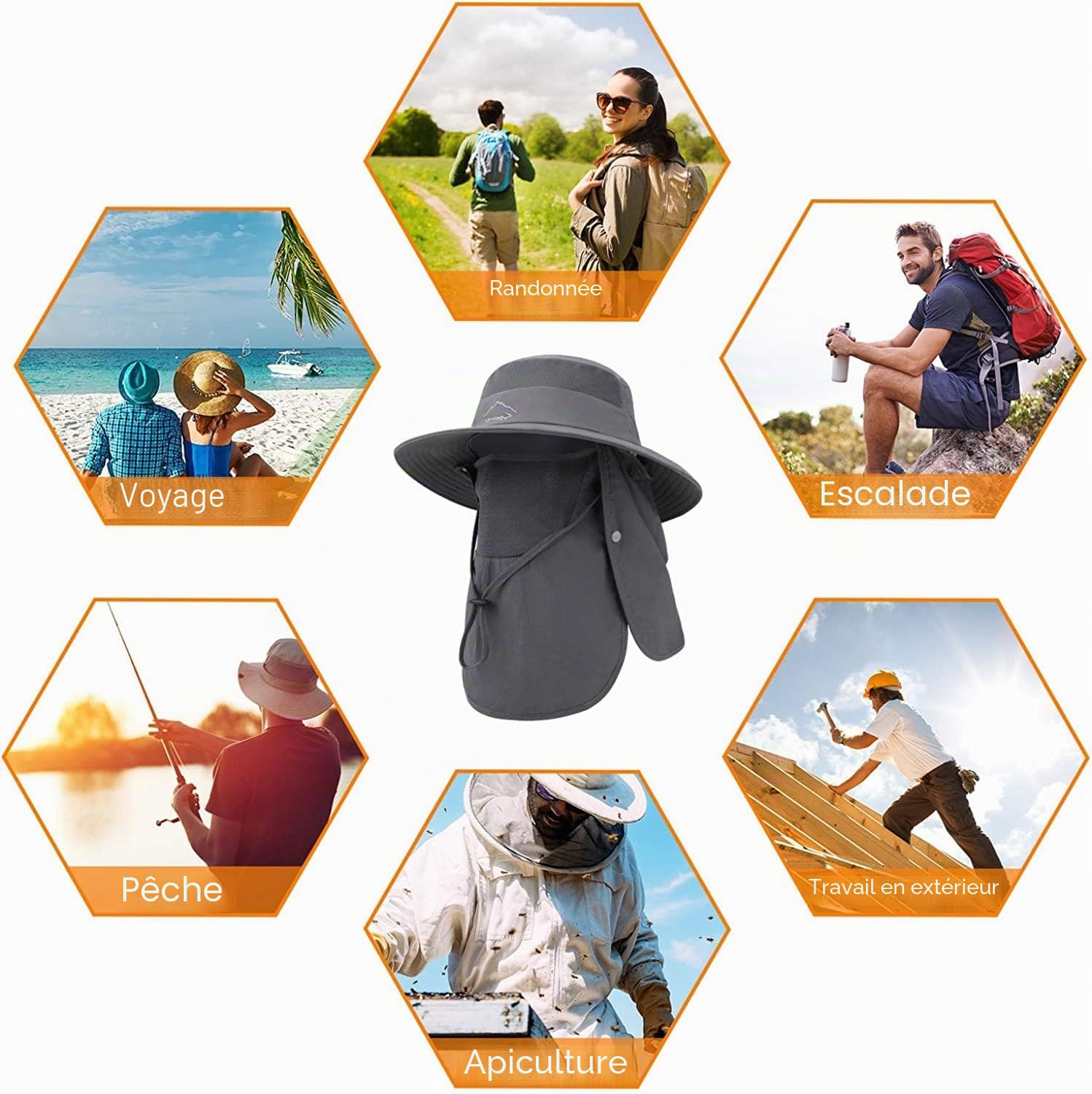 Chapeau de soleil à large bord en maille avec rabat amovible pour le cou et le visage Protection UV UPF 50 Unisexe Chapeau d'extérieur pour cyclisme, pêche, randonnée, bateau, jardinage