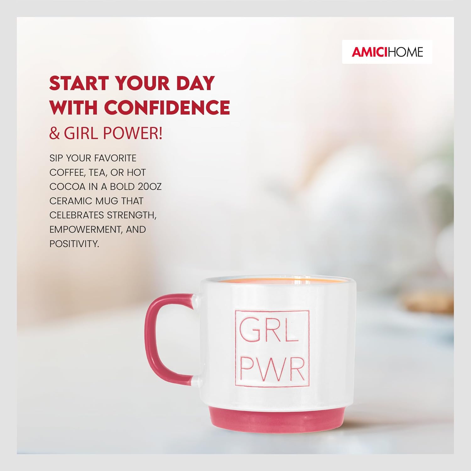 Amici Home Girl Power Coffee Mug, 20 Oz Oversized Ceramic Cup with Pink Handle & Base - Smooth Rim for Easy Sipping, Motivational Drinkware for Coffee, Tea & Hot Beverages - Great Gift for Friends - Image 2