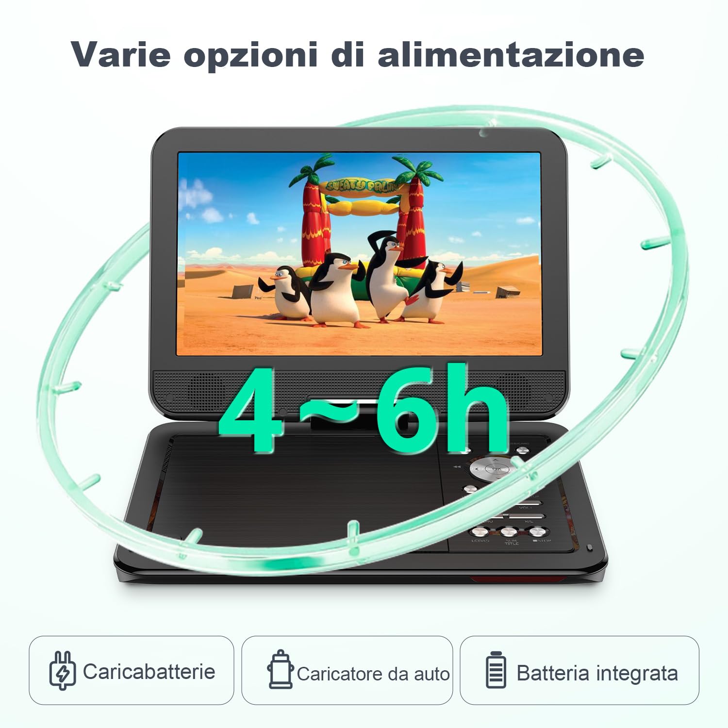 YOTON Lettore DVD Portatile 12,5" Schermo Girevole HD 10,5" per Auto Bambini Batteria 6 Ore USB SD TV Nero