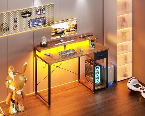 Miniatura 10 de AODK Escritorio para computadora de juegos con toma de corriente y tira de luz LED, escritorio de oficina en casa de 55 pulgadas con soporte