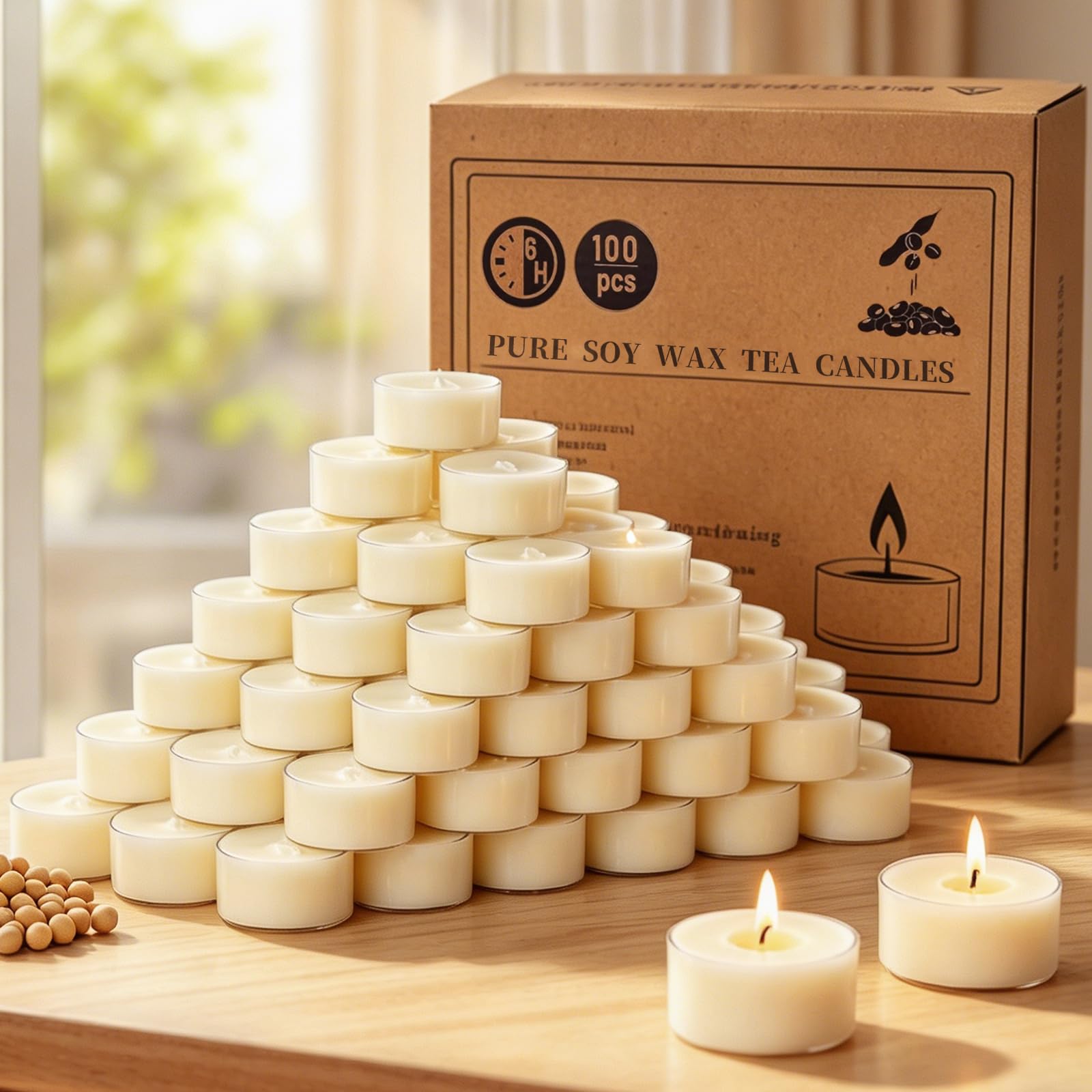 100 Pack Soy Wax Tealights, 6H Unscented Tealight Candles in Clear Cup Long Burning Time Paraffin-Free for Weddings, Events, Home Decor,Emergency Use