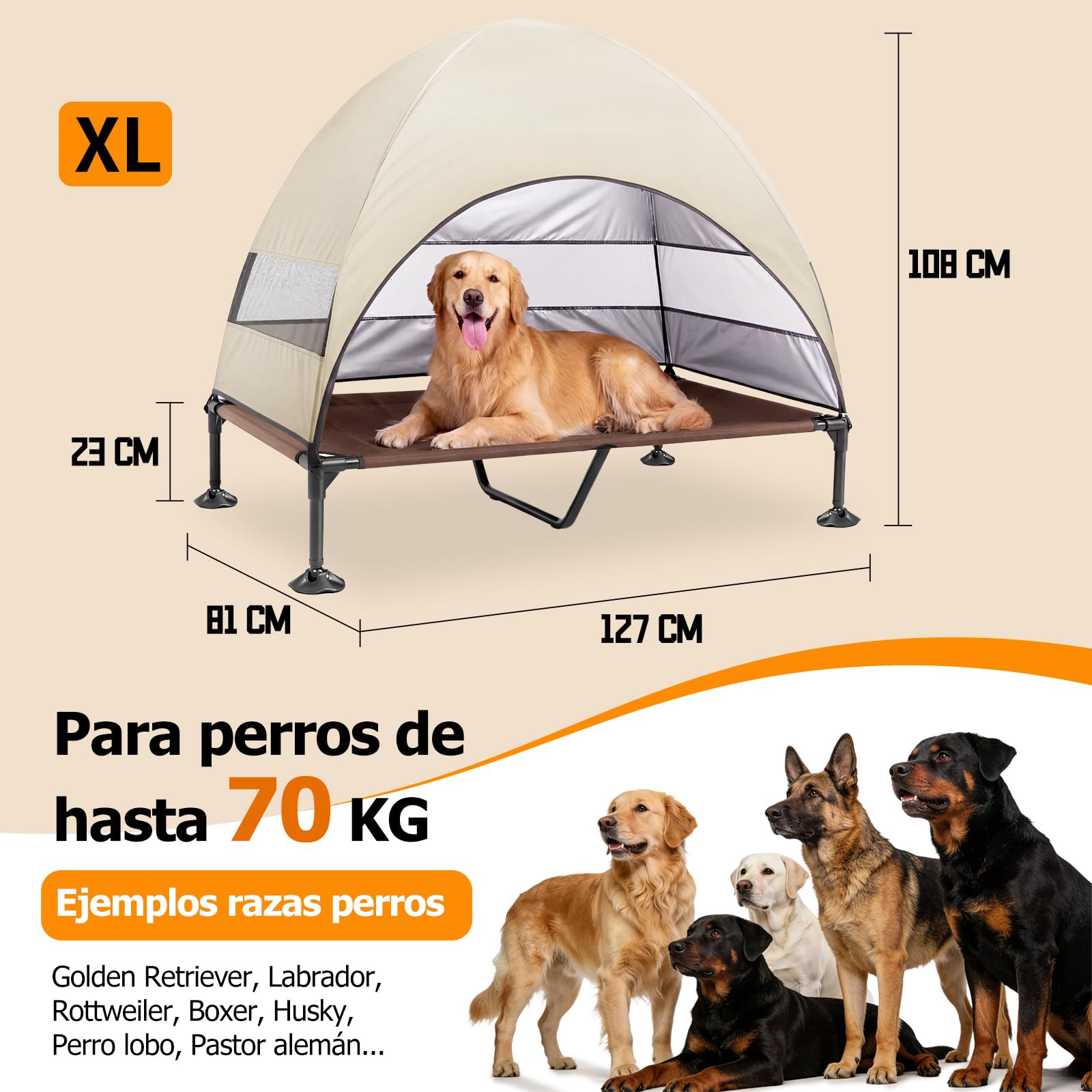 Cama elevada para Perros al Aire Libre con Techo, Tumbona Plegable con pies Antideslizantes, Tienda para Perros al Aire Libre con Gran Sombra, Cama elevada para Camping, jardín, Playa (Caqui, XL)