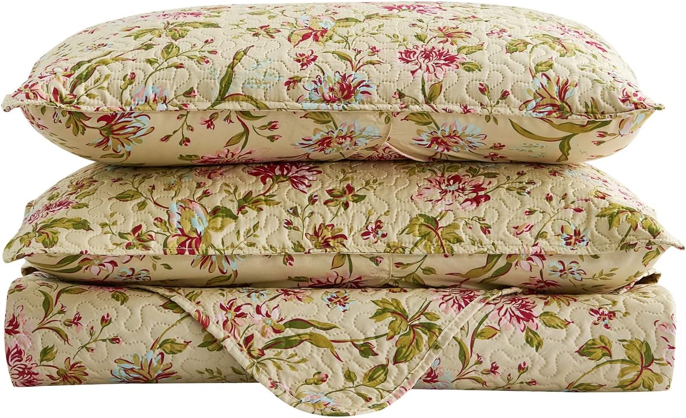 MERRY HOME Quilt Set, 3-Piece Quilt Sets with 2 Pillow Shams - Boho Reversible Soft and Lightweight Quilt Bedding Bedspread Coverlet Set (Beige Floral, Queen), MH-QSM09 - Image 6