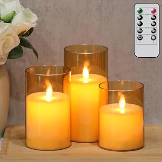 Eldnacele Glass Flamless Flickering Candles with Remote and Timer, Battery Operated Moving Wick Candles Gold Plastic LED Pillar Candle for Dinner Wedding Holiday Decor (3Pcs,D3×H4/5"/6")