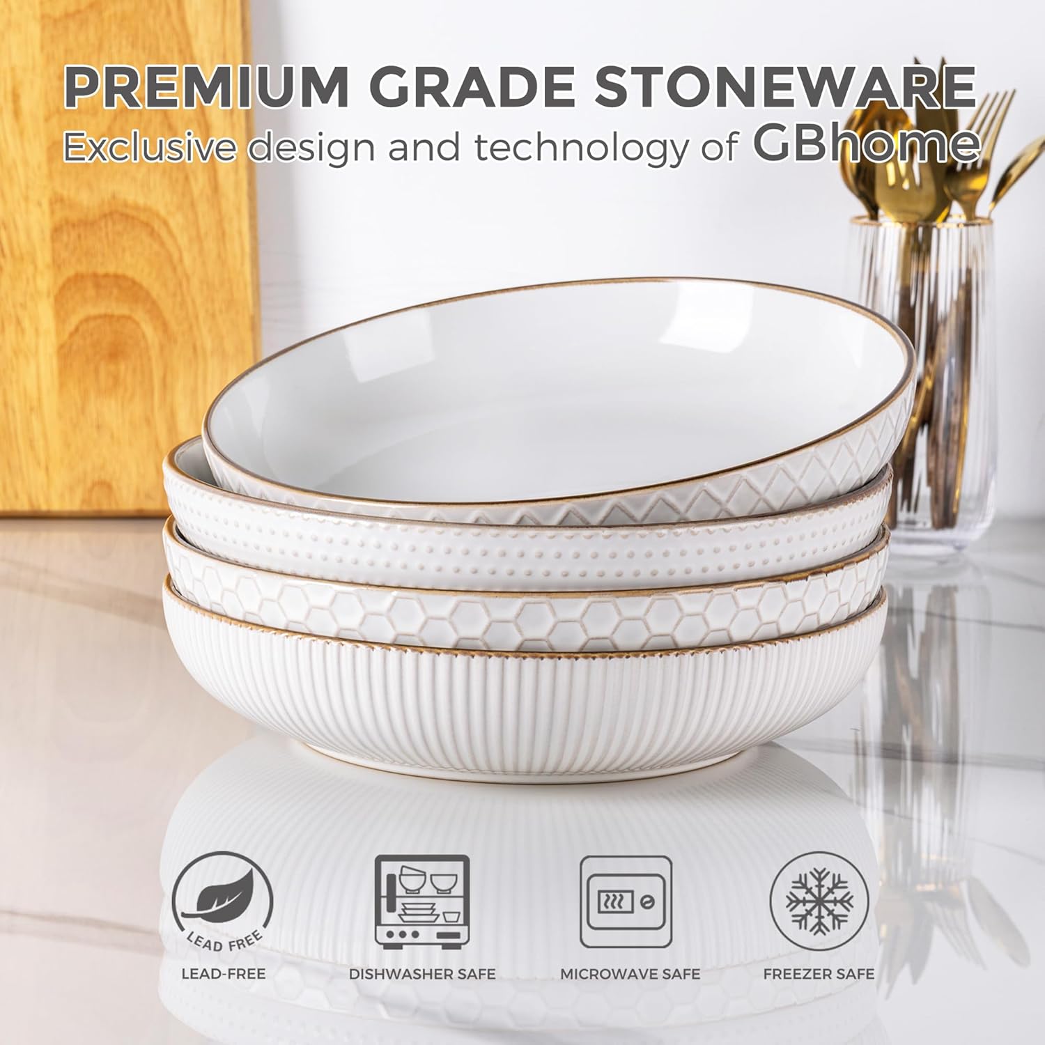 GBHOME 9.5'' Large Pasta Bowls, 42 Ounce Stoneware Salad Bowls for Kitchen, Ceramic Serving Bowls With Textured Pattern for Pasta,Fruit, Stews,Noodle, House-warming Gift,Set of 4-Off White