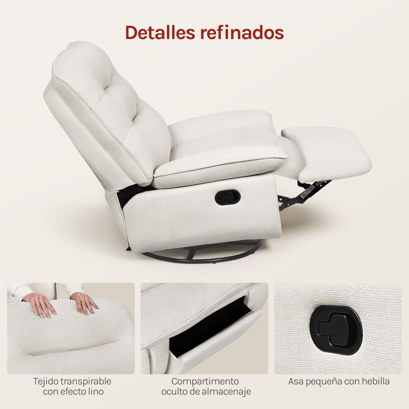 WOLTU Sillón Reclinable con Reposapiés, 360° y Asiento 95 cm, Beige | Sillón Relax con Giratorio, Sofa Individual, con Almacenamieinto Lateral, Estructura Metálica, Tapizado en Lino Sintético