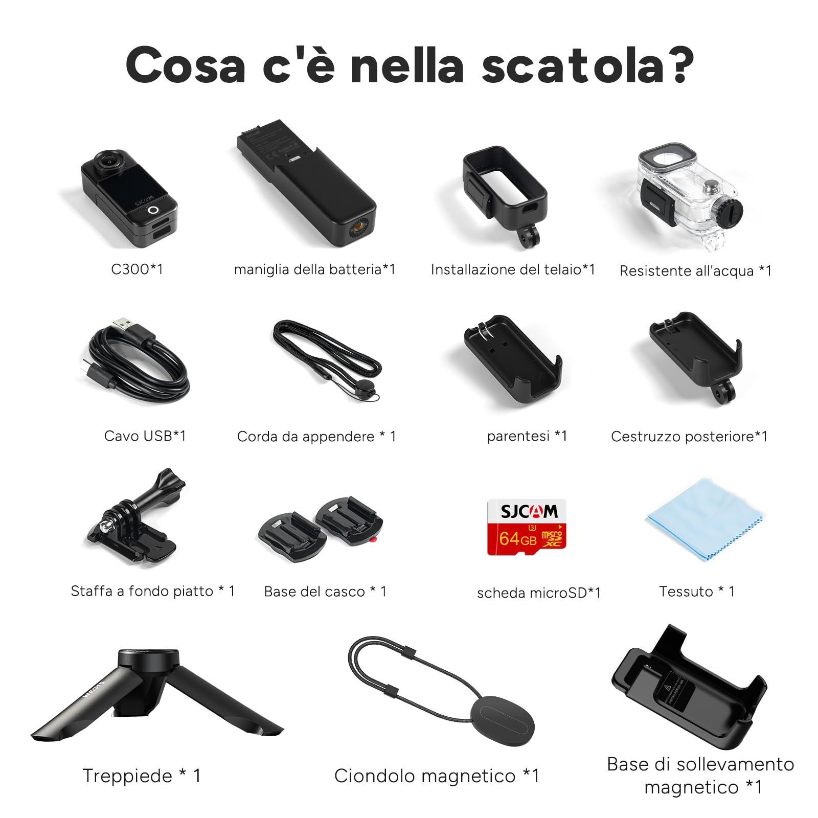 SJCAM C300 Vlog Camera,Action Cam 4K con Stabilizzazione 6-Assi,7Ore di Autonomia,Doppio Schermo Touch, Impermeabile 30M, Grandangolo 154° Microfono Integrato e Scheda 64GB Inclusa(Nero)