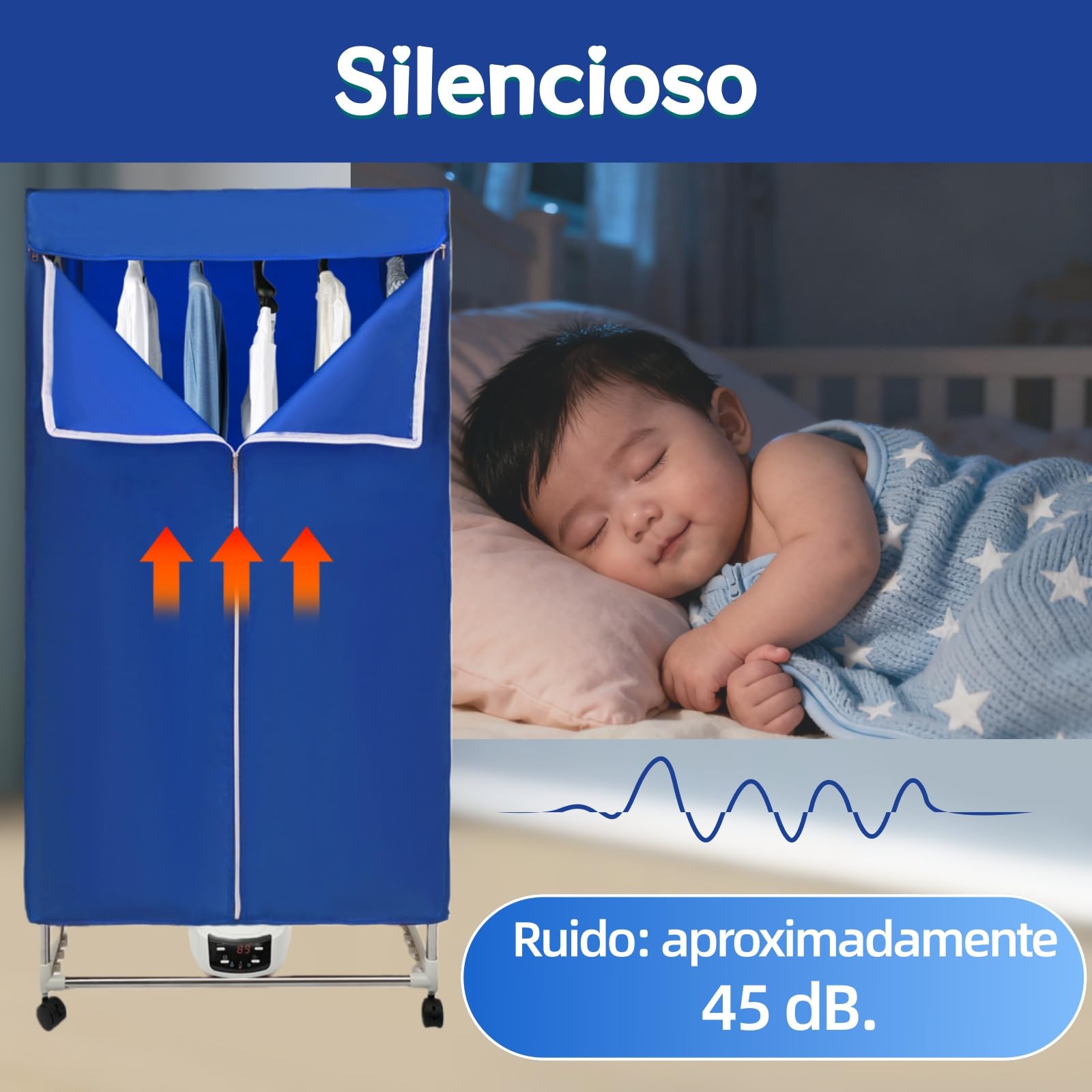 Mała, przenośna mini suszarka, ogrzewanie PTC z ekranem dotykowym i 60-240 minut, składana, mała suszarka o nośności 30 kg, 70 x 50 x 150 cm, niebieska