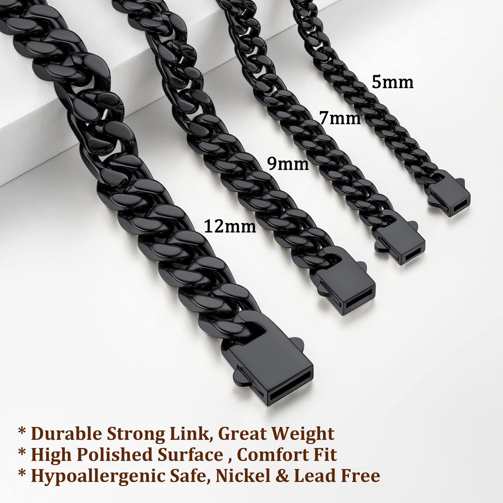 Bestyle Collar Cubano de Cadena 5mm/7mm/9mm/12mm Ancho Collar Cadena Cubano Miami Longitud 45-76cm Collar Cadena Cubana de Acero Inoxidable Plateado/Dorado/Negro Cadena de Hip Hop Rock Punk