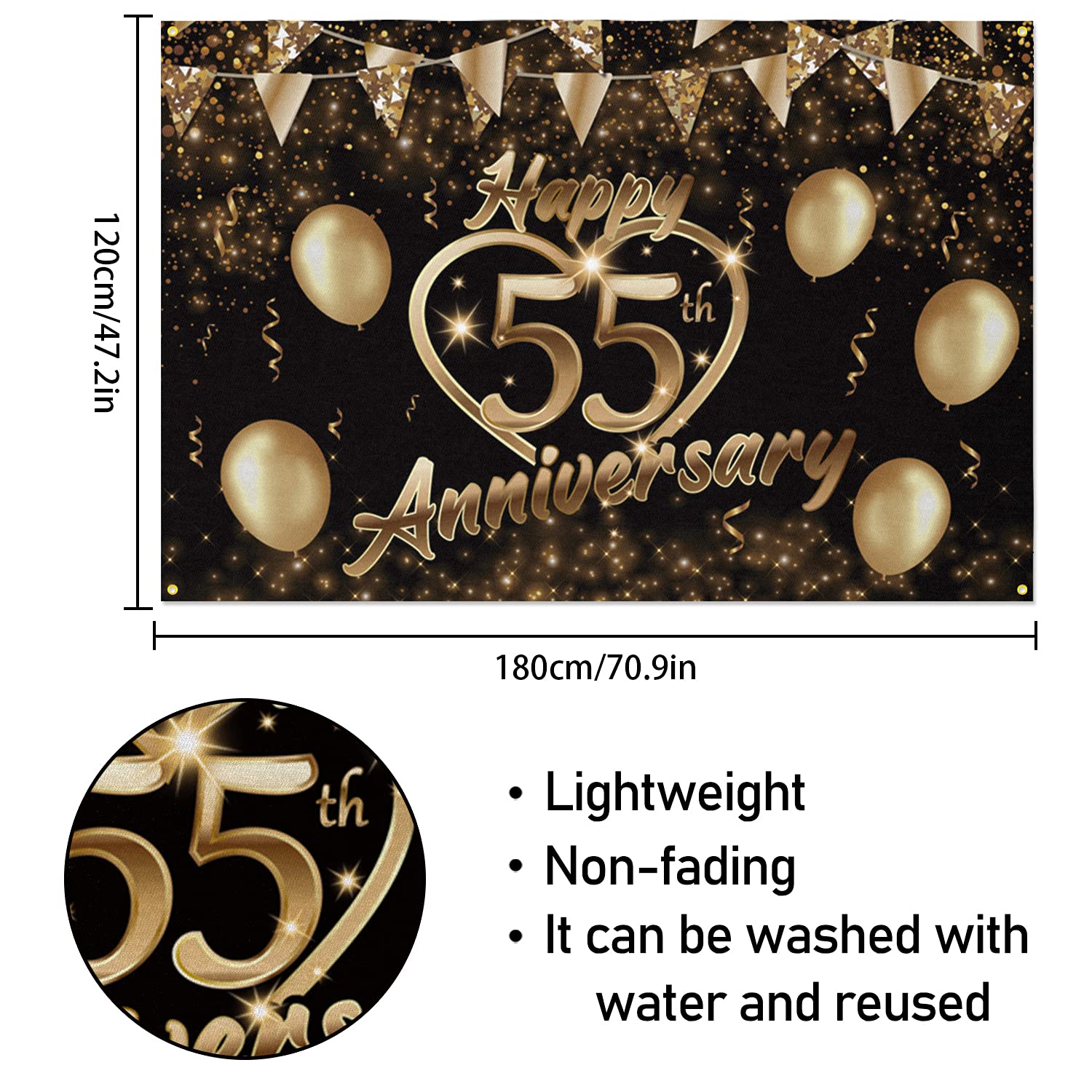 Happy 55th Anniversary Backdrop Banner Decor Black Gold – Glitter Love Heart Happy 55 Years Wedding Anniversary Party Theme Decorations for Women Men Supplies