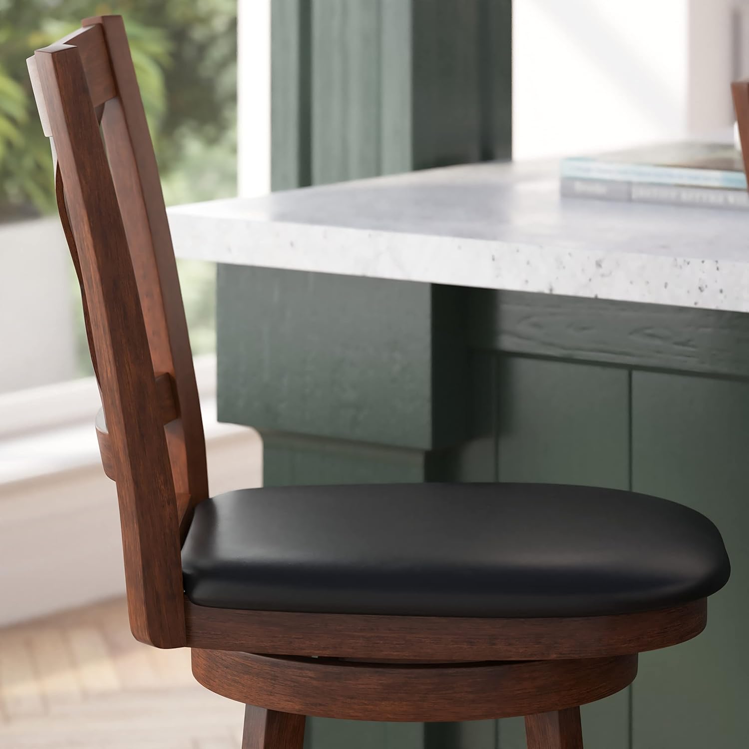 Merrick Lane Sora Crossback Swivel Counter Height Stool - Antique Oak Finish - 24" H Padded Black Faux Leather Seat - 360° Swivel - Integrated Footrest