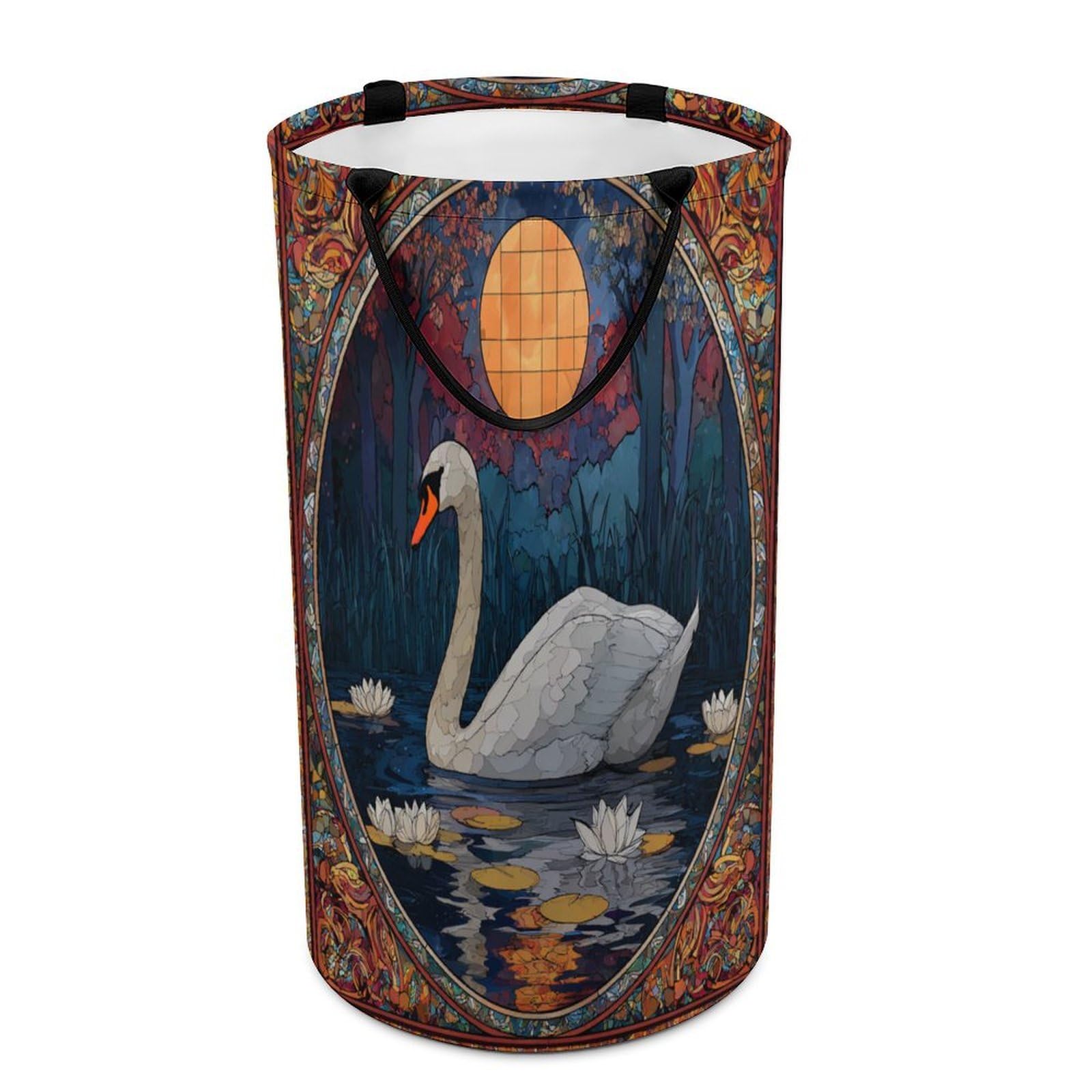LUYYSKY Beautiful Classic Elegant Swans Collapsible Dirty Clothes Basket, Modern Watercolor Full Moon Animals Swans Lake Pattern Portable Clothes Storage Basket