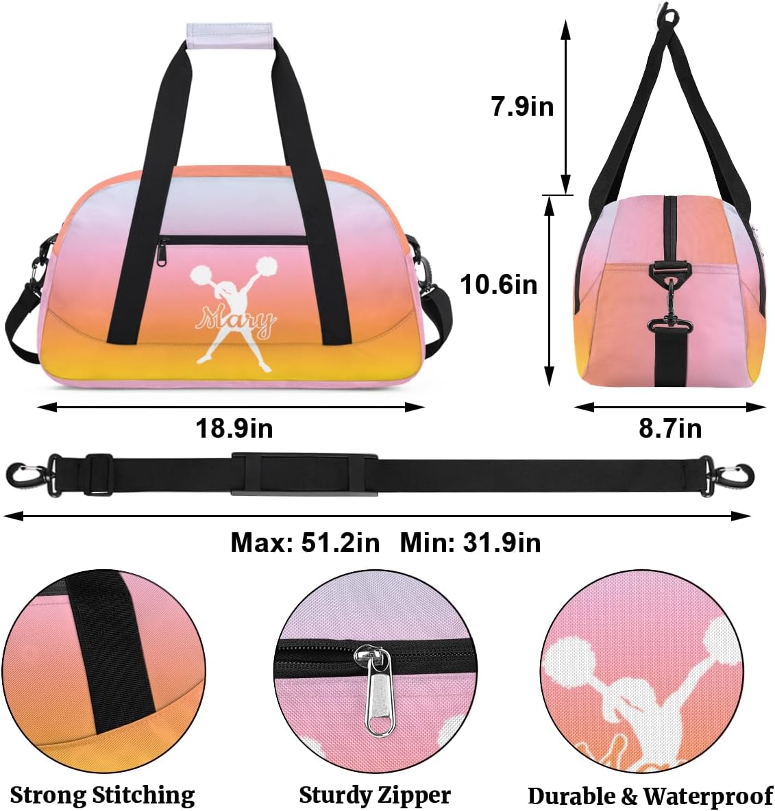 Personalized Cheer Bag Girl Sport Duffel Bag, Custom Kids Gym Bag, Customize Travel Duffle Bag with Name, Overnight Weekender Bags,Gradient Yellow, Cheerleading Gifts - Image 2