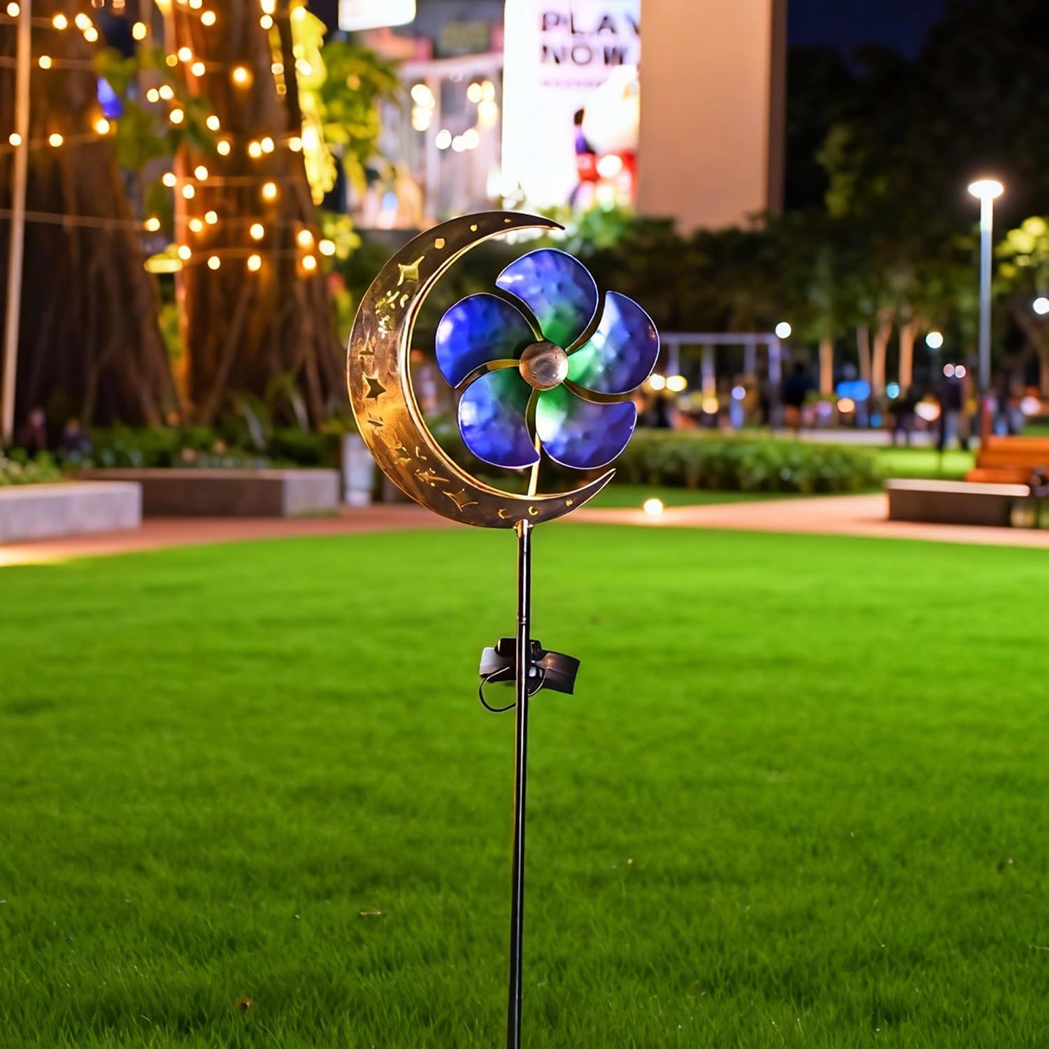 Solar Moon Windmill Decorative Garden Light, Lawn Lamp Light, Metal Stake Windmill with Glass Ball LED, Outdoor Lawn Lamp for Yard Decoration (Blue)