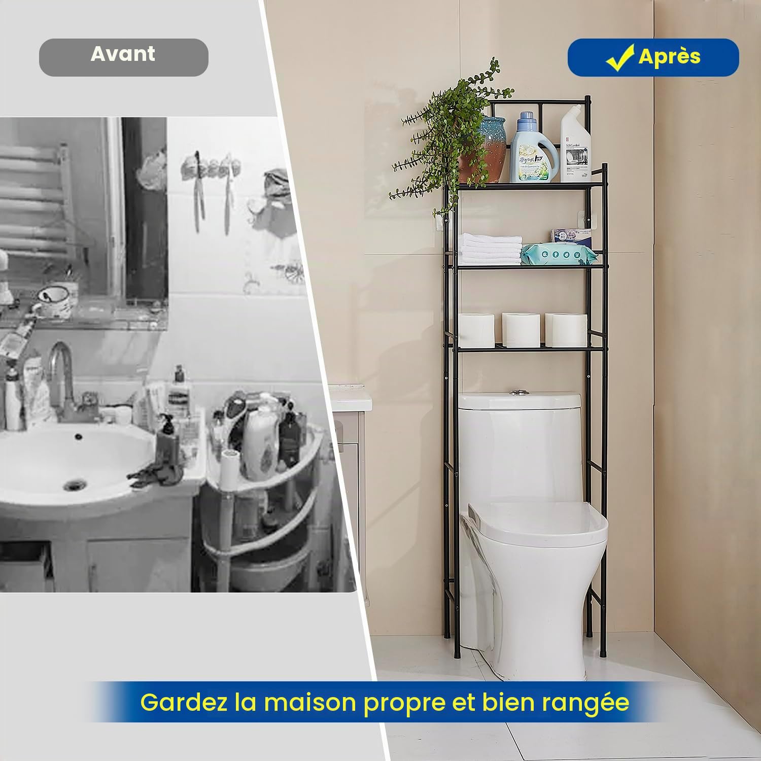 Étagère de Toilettes, 3 Niveaux Rangement au Dessus des Toilettes, Étagère WC, Meuble Salle de Bain Rangement, Convient à la Plupart des Toilettes, Économie d'espace, Noir