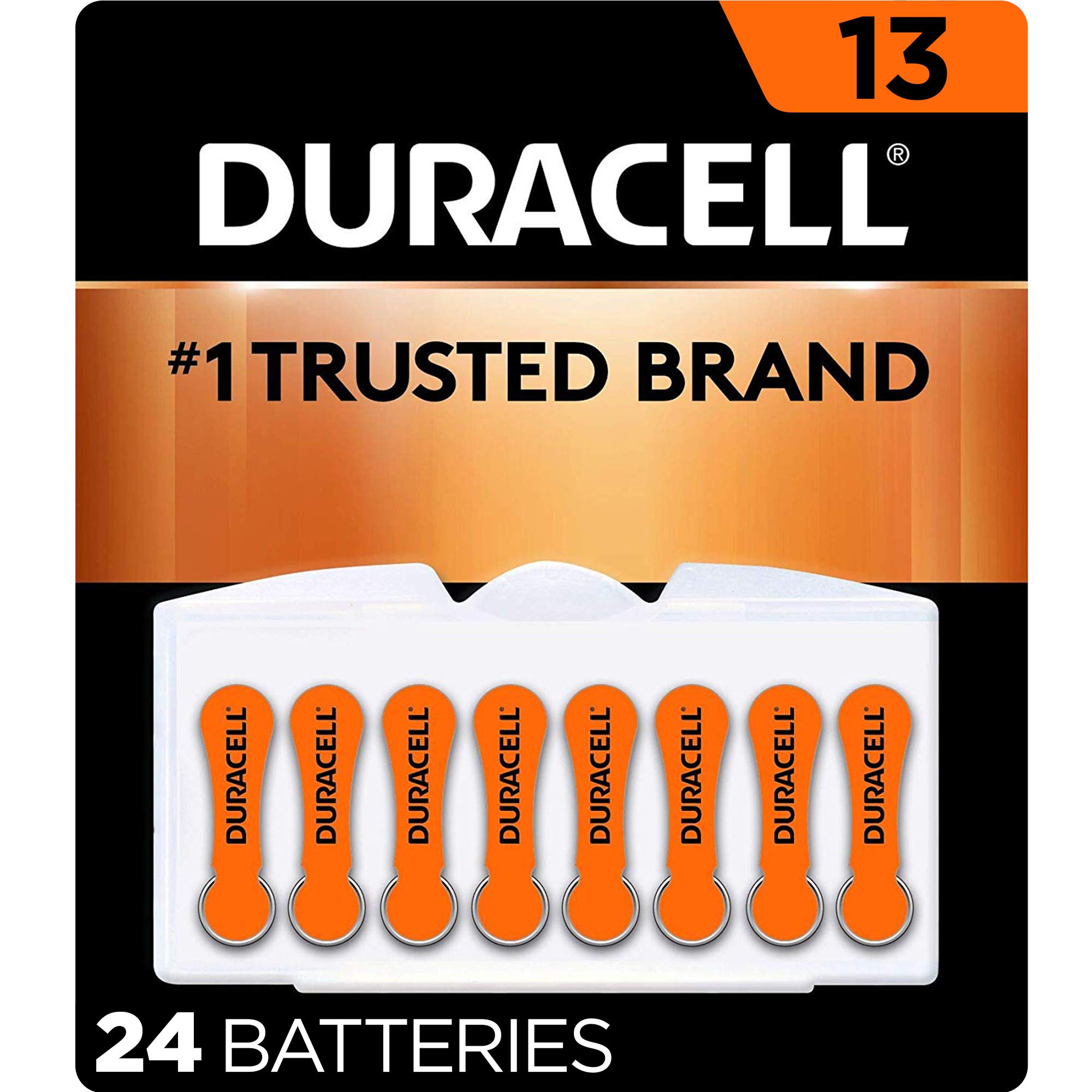 Duracell Hearing Aid Batteries Orange Size 13, 24 Count Pack, 13A Size Hearing Aid Battery with Long-lasting Power, Extra-Long EasyTab Install for Hearing Aid Devices