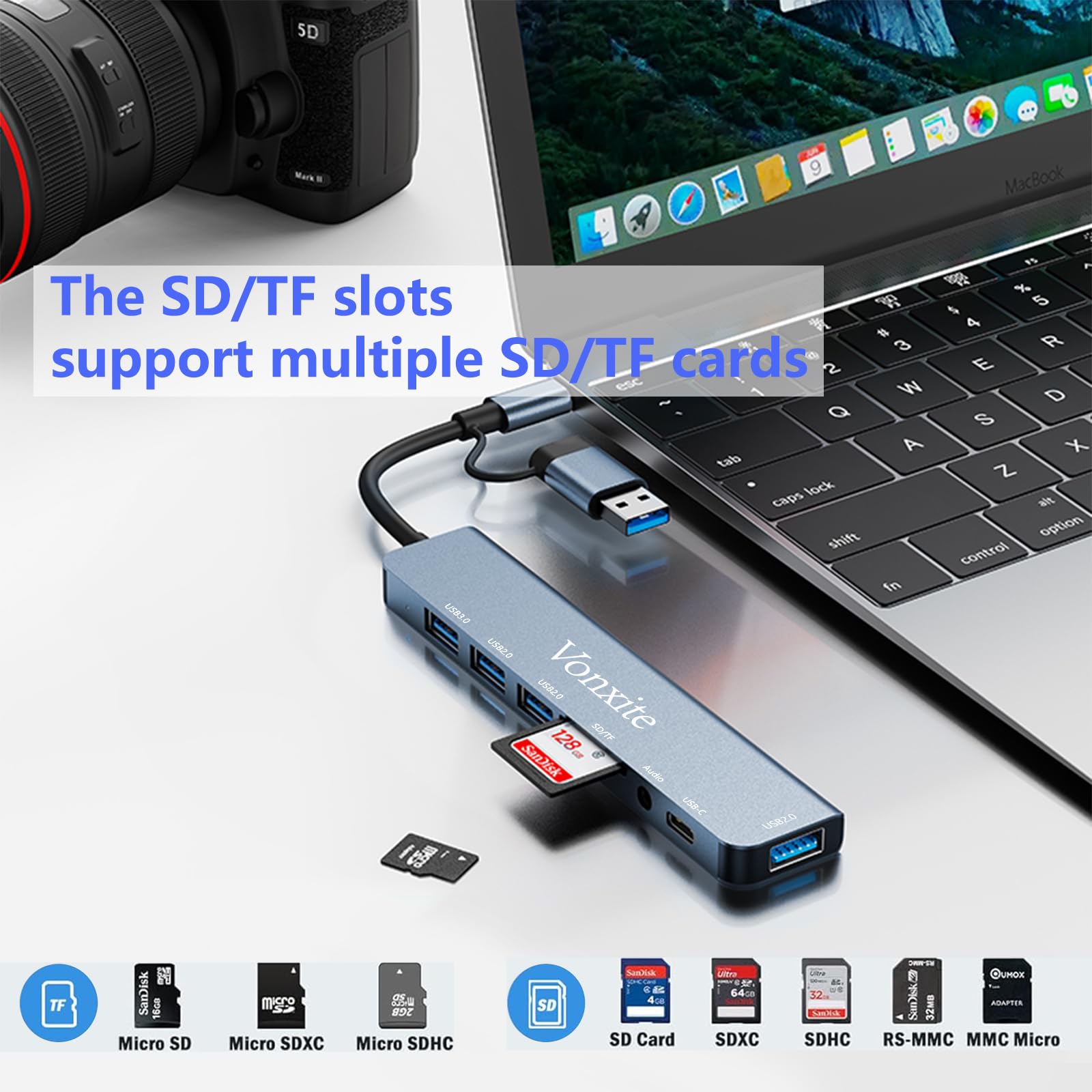 USB C Adapter 8 in 1, USB Hub Multiport Adapter with Type C Data Ports, USB-A 3.0, 3*U SB 2.0, SD/TF Card Reader - Image 3