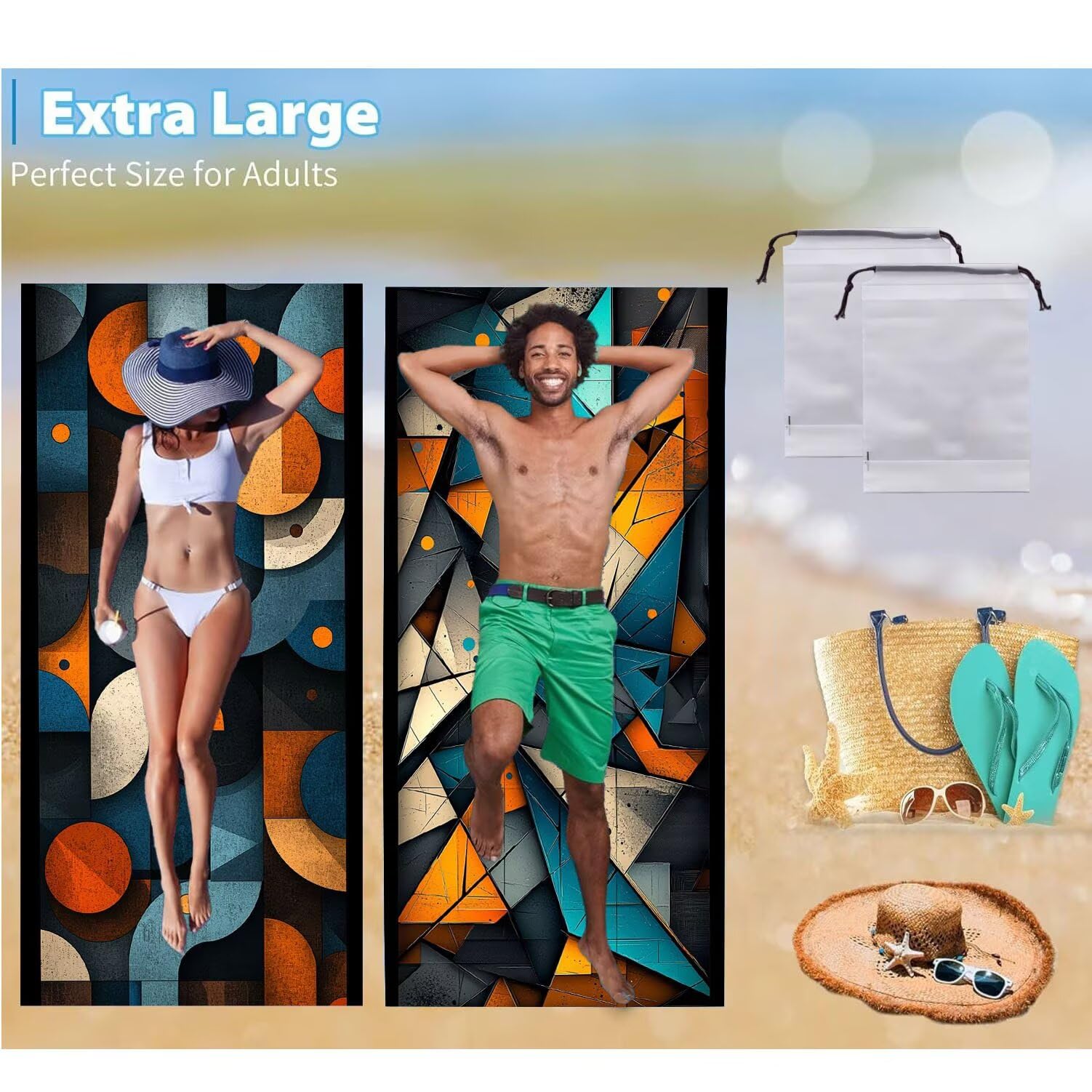 Ręcznik plażowy 80 x 160 cm, zestaw 2 dużych ręczników z mikrofibry szybkoschnący, chłonny, kompaktowy, ręcznik kąpielowy bez piasku lato koc plażowy damski do kąpieli prezent (nowoczesna geometria) H