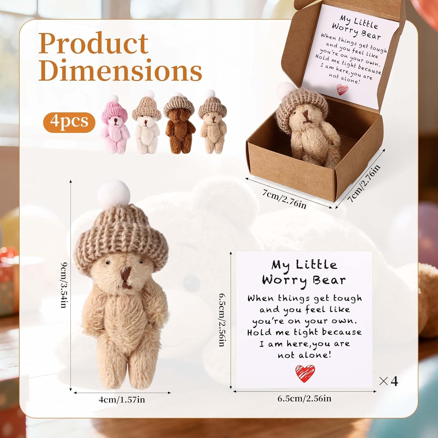 TOYMIS 4pcs Mini Plush Teddy Bears in Box, Little Worry Bear with Inspirational Card Uplifting Keepsake for Kids & Friends (Brown, Coffee, White, Pink)