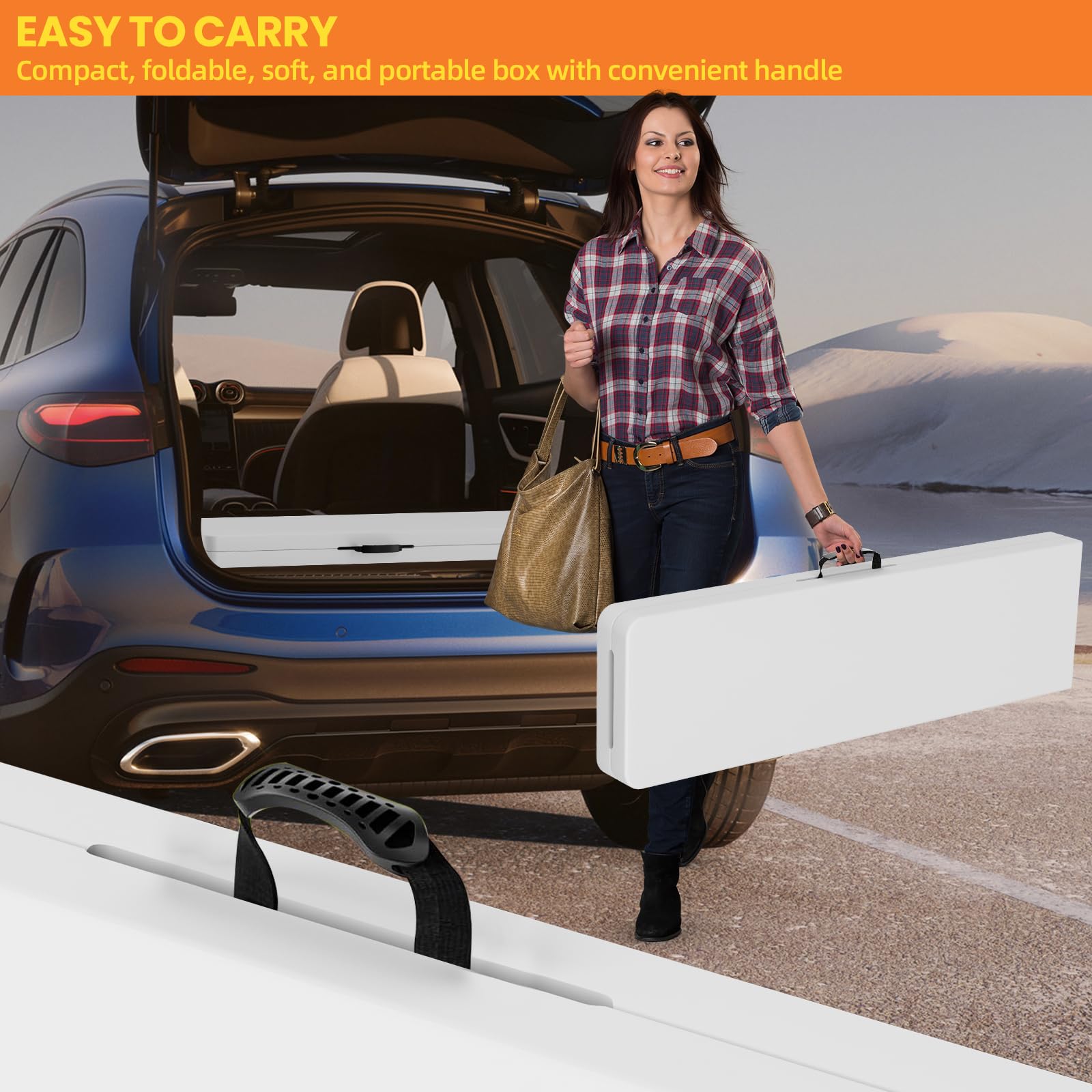 Banco plegable de 6 pies, banco de plástico plegable con asa y mesa de polietileno de alta densidad suave, asiento de picnic portátil en exteriores, camping, comedor, paquete de 2, color blanco 6