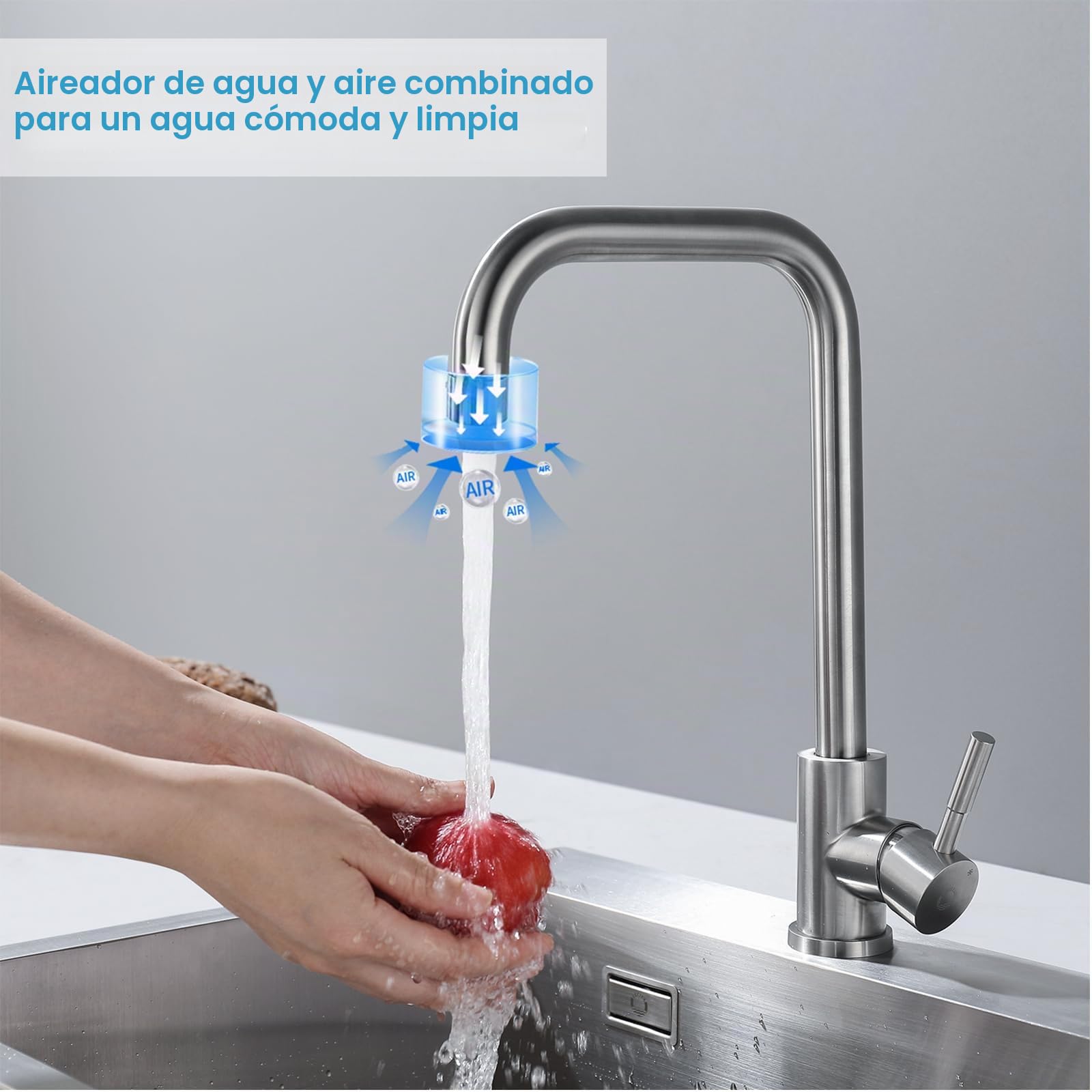 CECIPA Grifo Cocina con Caño Alto,Grifos Cocina Fregadero Giratorio 360°,Torneira Cozinha Agua Caliente y Fría de Acero Inoxidable 304,Resistente a la Corrosión Torneira monomando cozinha, Cepillado