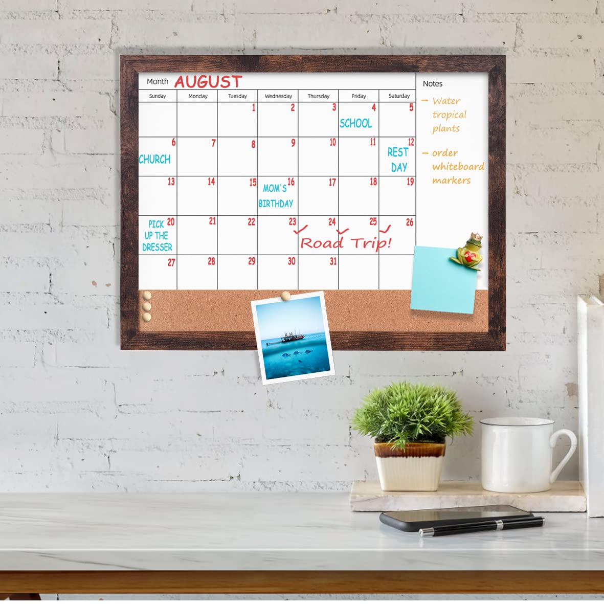 Umtiti Monthly Calendar Dry Erase White Board & Cork Bulletin Board,13" x 17" Brown Wood Frame,Magnetic Surface Whiteboard.Perfect for Organizing Your Space.Whiteboard+Cork-3343B-BN - Image 4