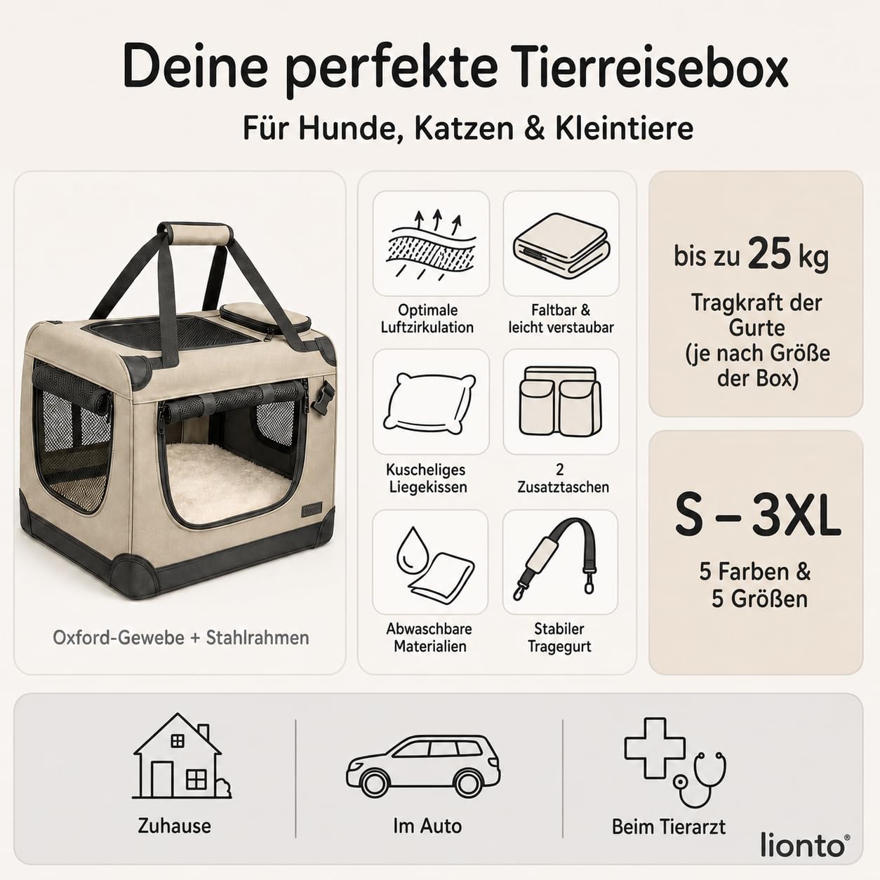 lionto Składany transporter dla psa do podróży i samochodu, 82x58x58 cm, wytrzymały transporter z uchwytami i kocem dla kota i psa do 18 kg, mocna torba z tkaniny, szary