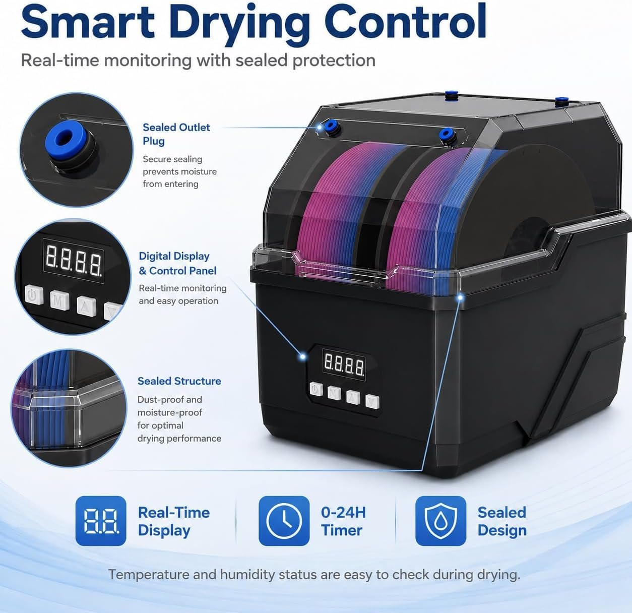Caja secadora de filamento para impresora 3D, bobina doble, calefacción de 60 °C