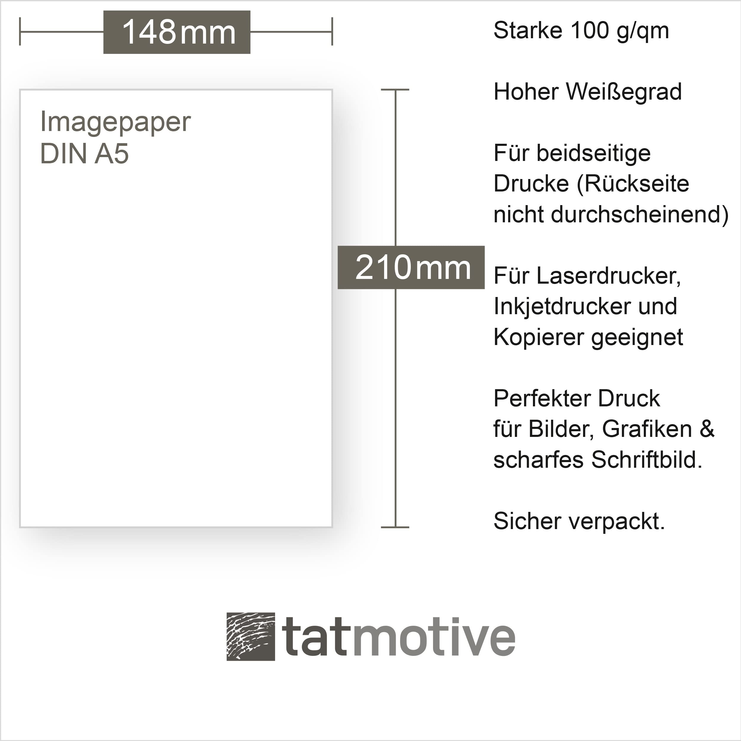 TATMOTIVE Imagepaper 100g/qm DIN A5, das stärkere Briefpapier, brillante Drucke für alle Drucker, 4000 Blatt Kopierpapier Druckerpapier weiß