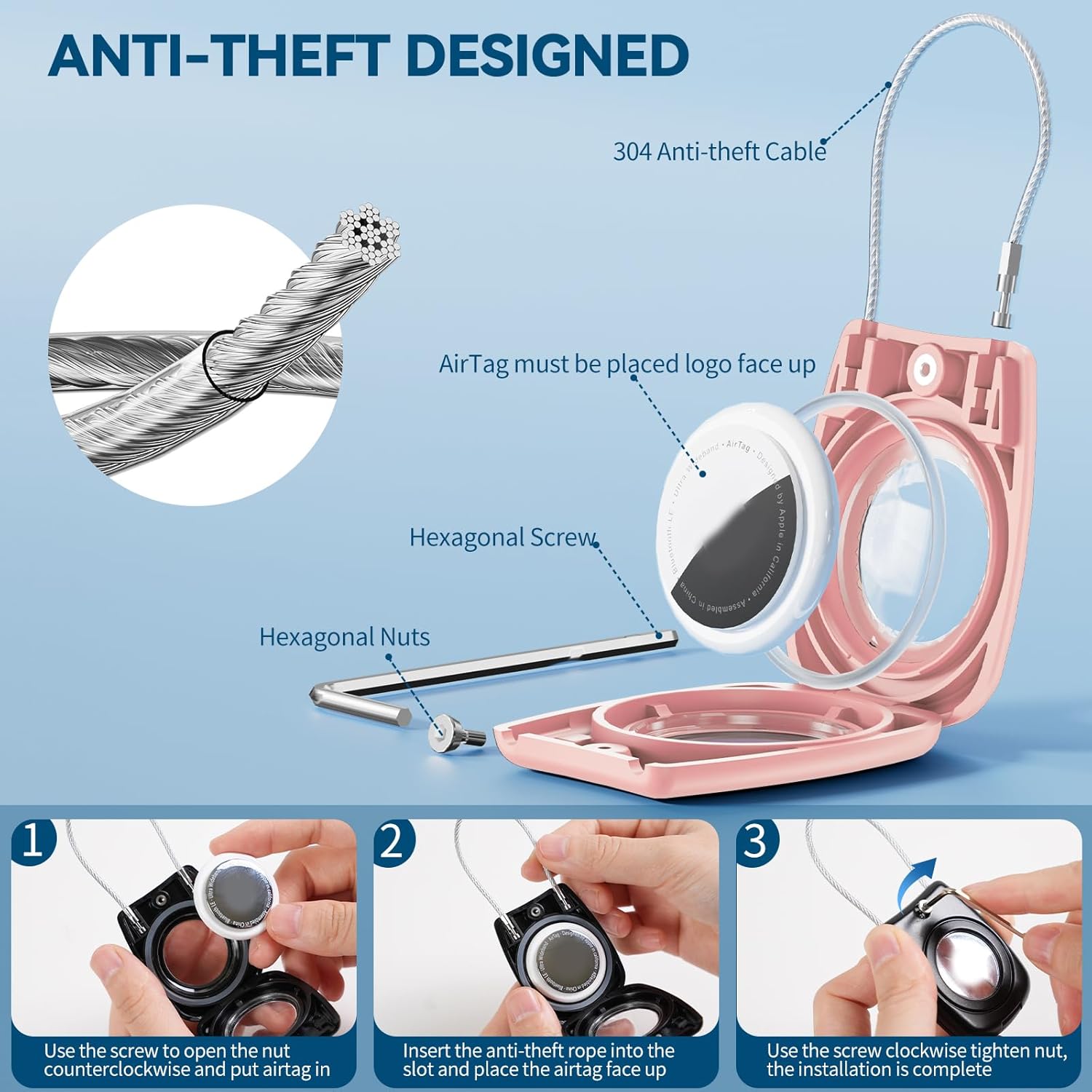 防水AirTagキーチェーンホルダー、エアタグロックケース、ワイヤーケーブル付きApple AirTags対応、超耐久性Airtag