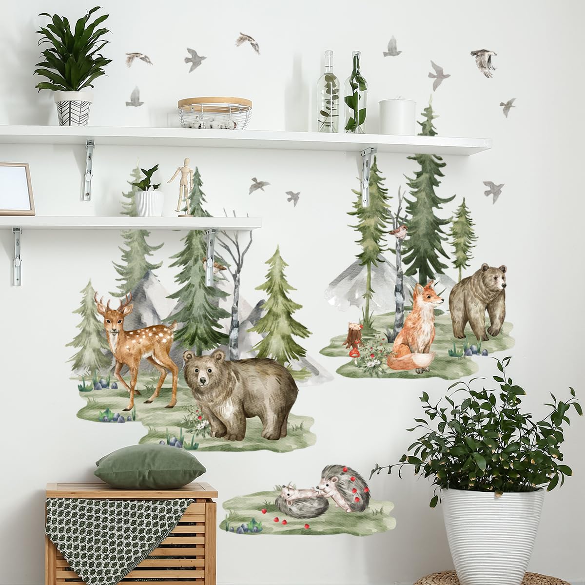 Runtoo Large Woodland Animals Wall Decals Bear Fox Deer Mountain Forest Pine Tree Wall Stickers for Nursery Kids Bedroom Classroom Wall Decor - Image 3