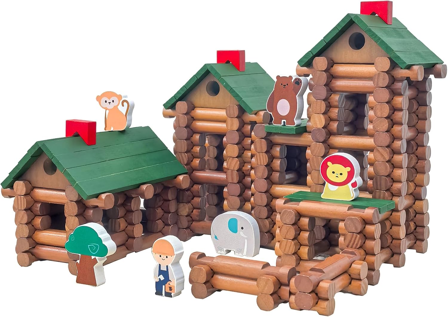340 Pcs Giant Wooden Building Set with Animals Figures & Trees, Large Log Castle Toy for Kids Ages 4 5 6 7 8 Years Old and Up, Creative STEM Construction Playset(Aie-Log-340pcs)