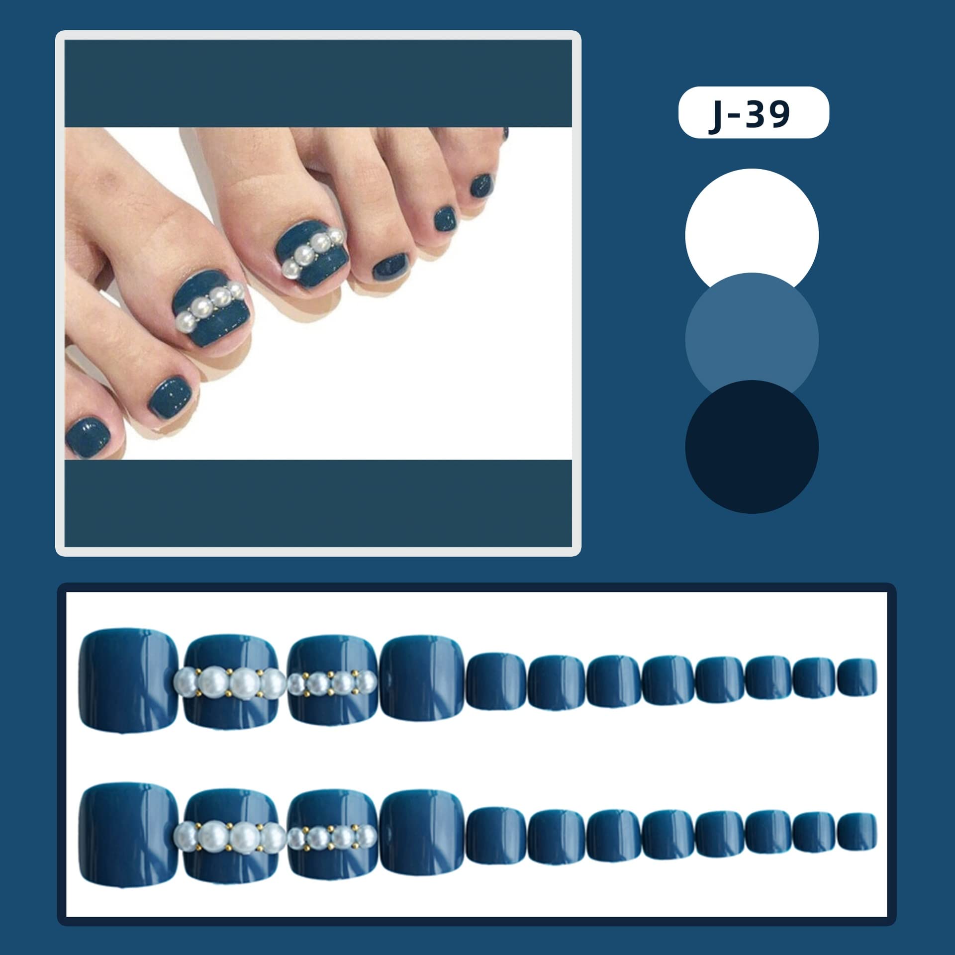 Premere sulle unghie Unghie finte Unghia del piede Perla blu 24 pezzi Unghie finte acriliche corte Copertura completa Unghie finte Unghie acriliche carine Premere sulle unghie per donne e ragazze