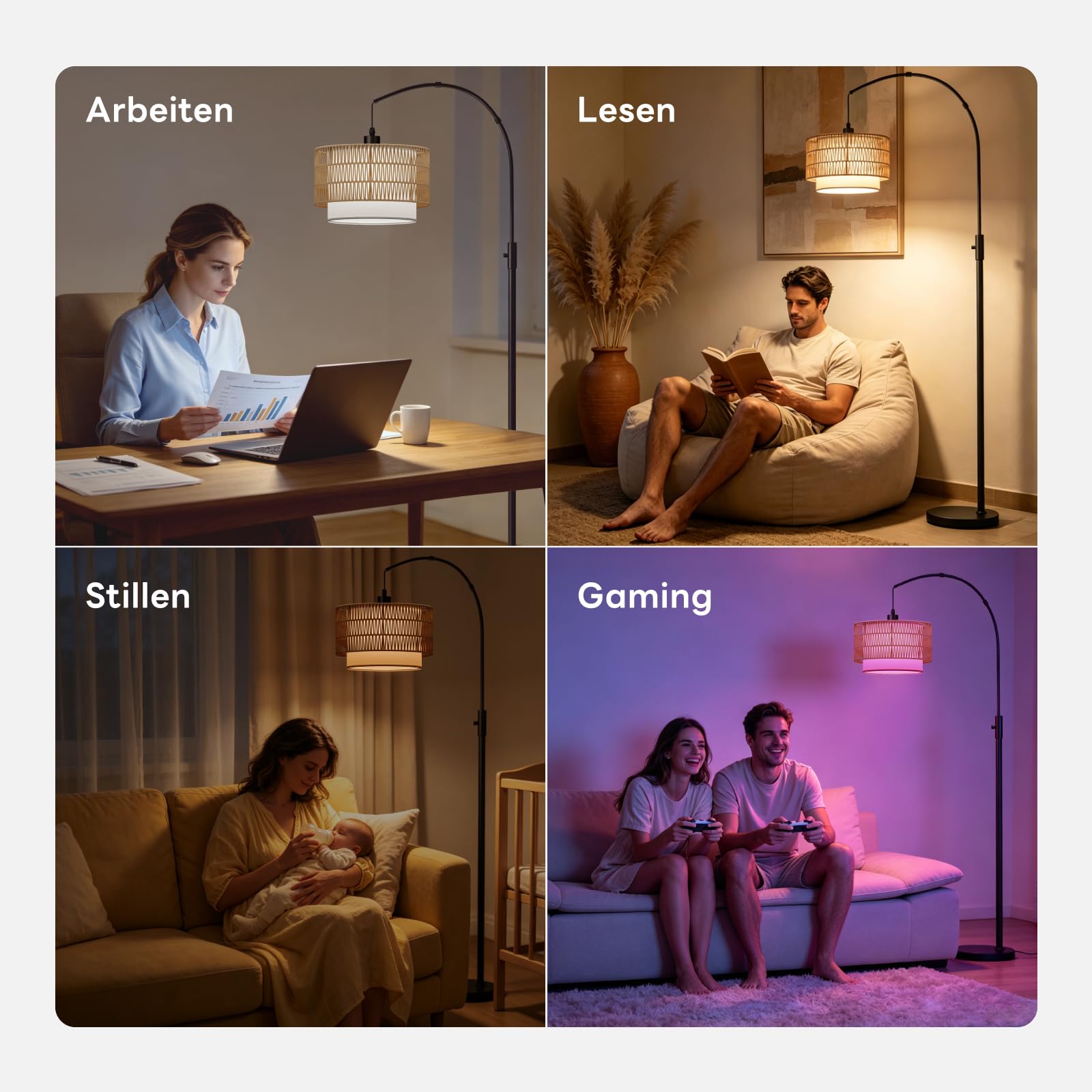 Boho-Bogen Stehlampe RGB, 1600 K Bernsteinlicht/4000K Neutralweiß | 180 cm, 3-in-1-Schirm in Rattan- und Leinenoptik, 10 W 1200 lm, 0,1–100 % dimmbar, Timer, magnetische Fernbedienung