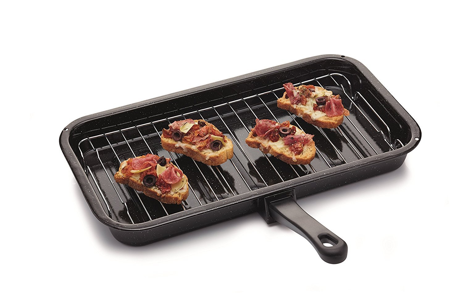KitchenCraft Multifunktionelle Pfanne, Pfanne mit Grill Gitterrost Edelstahl, Beschichtete Pfanne mit abnehmbarem Griff, Bräter, Backform/Backblech, Schwarz Gusseisen/Edelstahl, 40 x 23 cm